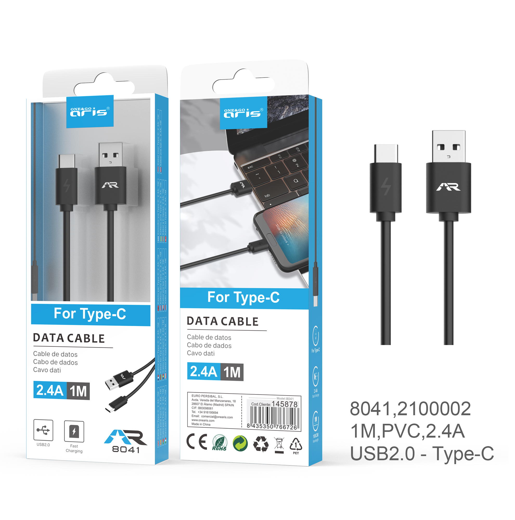 8041 Cable ARIS, datos y carga para Type C, 2 AM, 1M, Negro