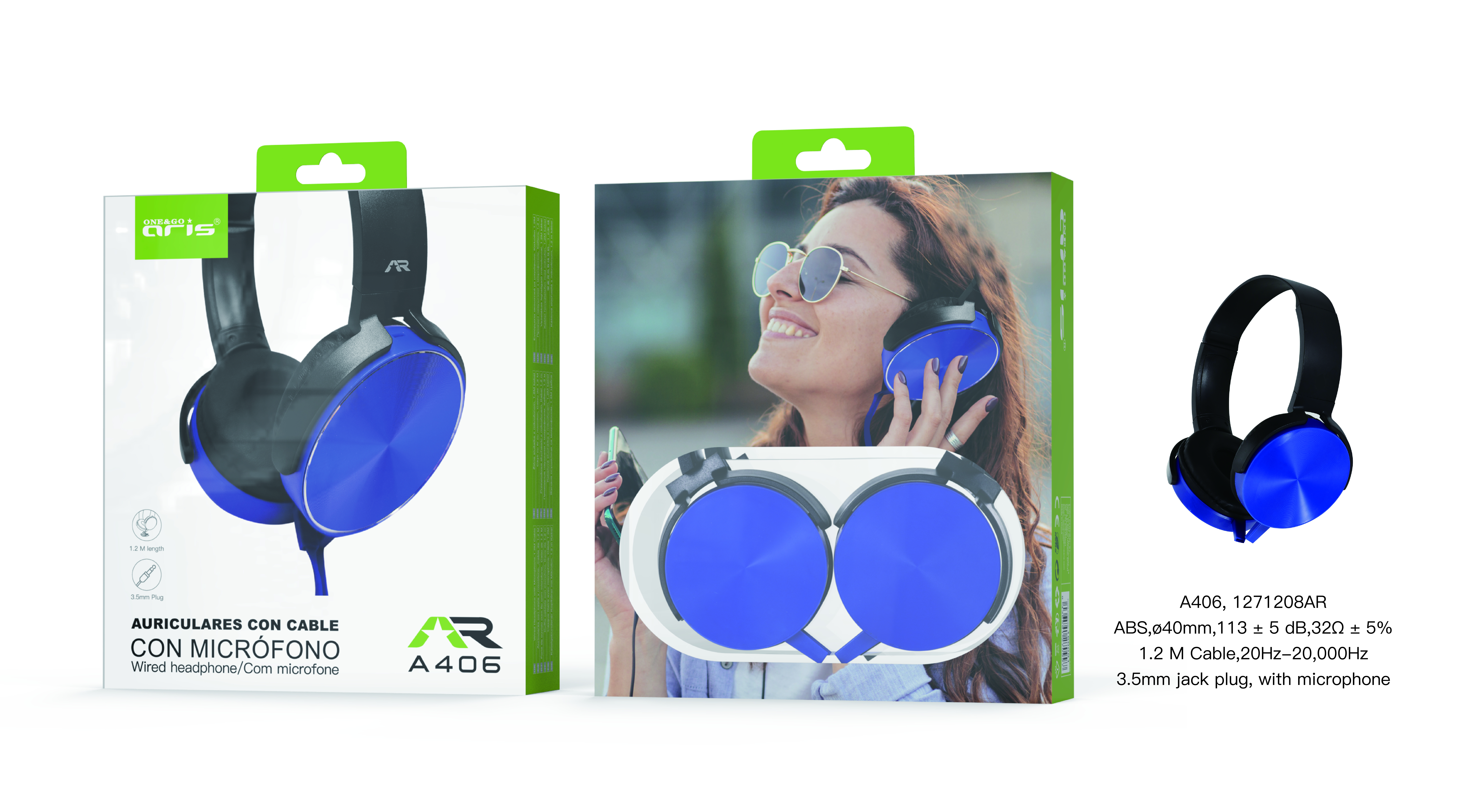 A406-AZ. Cascos Aris, Au. stereo c/ microfono, cable Jack, 1,2 M, 20HC, dB 32. Azul