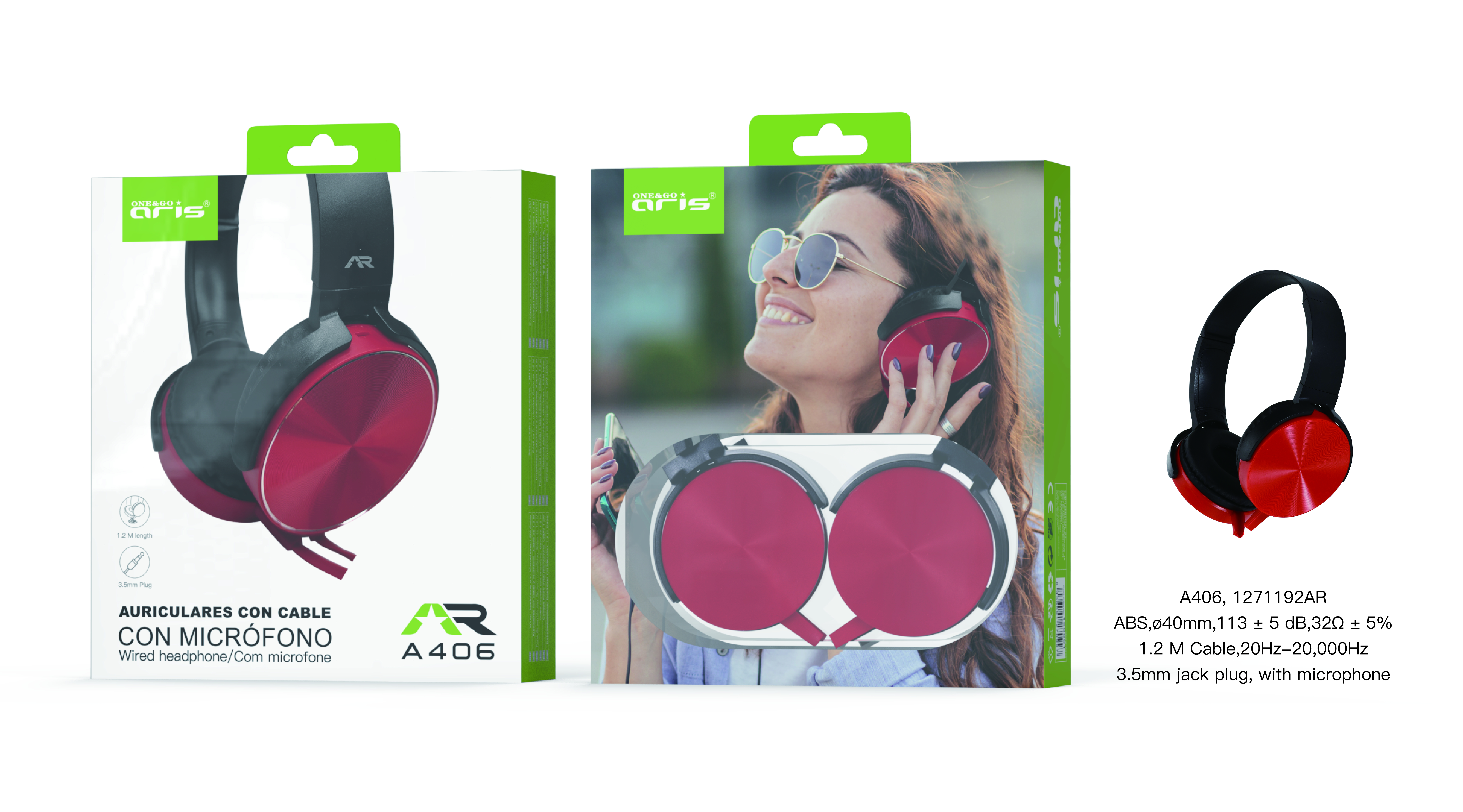 A406-RJ. Cascos Aris, Au. stereo c/ microfono, cable Jack, 1,2 M, 20HC, dB 32. Rojo