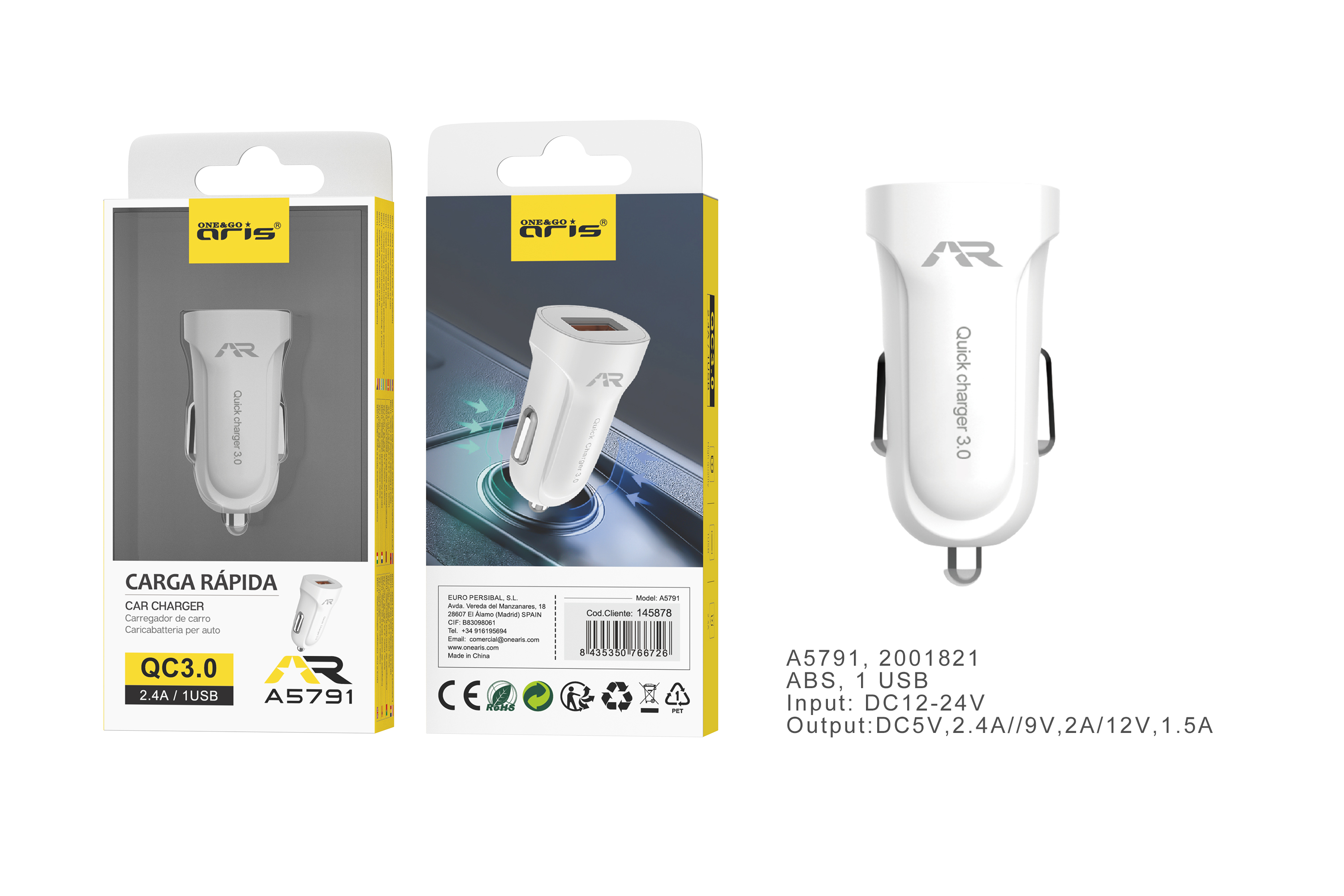 A5791-BL, Cargador coche, 1 USB, 2.4 Am, Carga rápida 3.0, Blanco