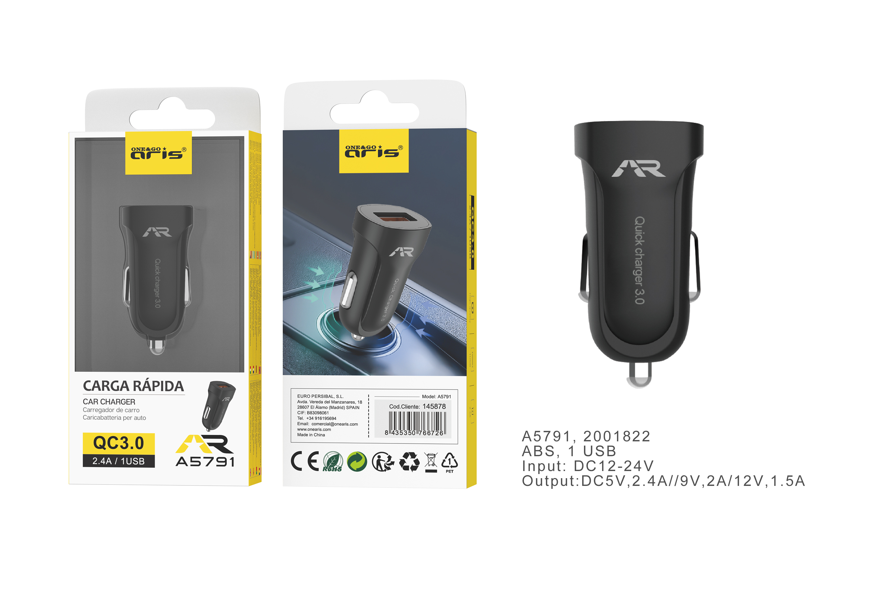 A5791-NG, Cargador coche, 1 USB, 2.4 Am, Carga rápida 3.0, Negro