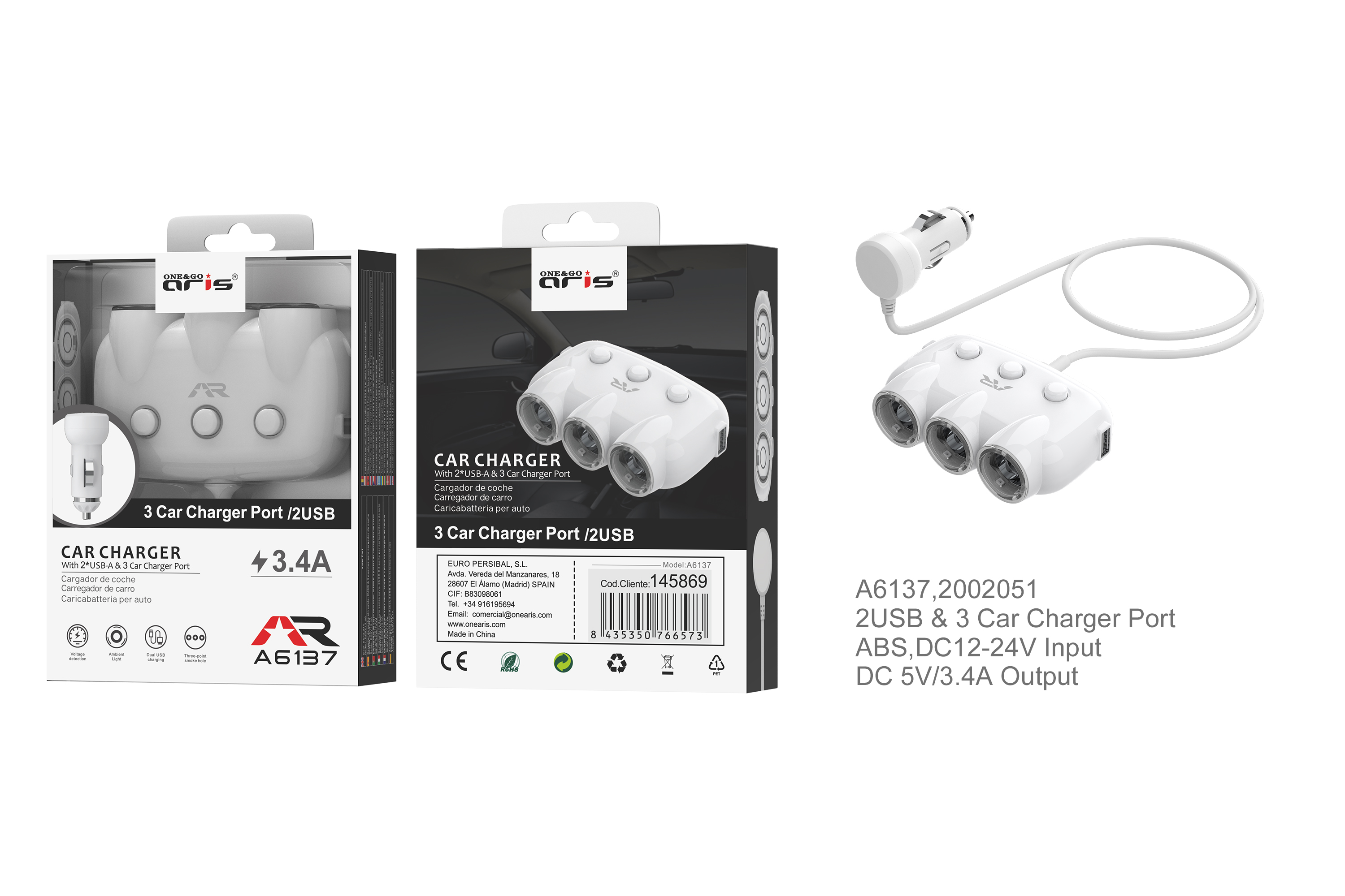 A6137 Prolongador de  mechero con 3 Salidas de carga + 2USB, 3.4A Max, Blanco