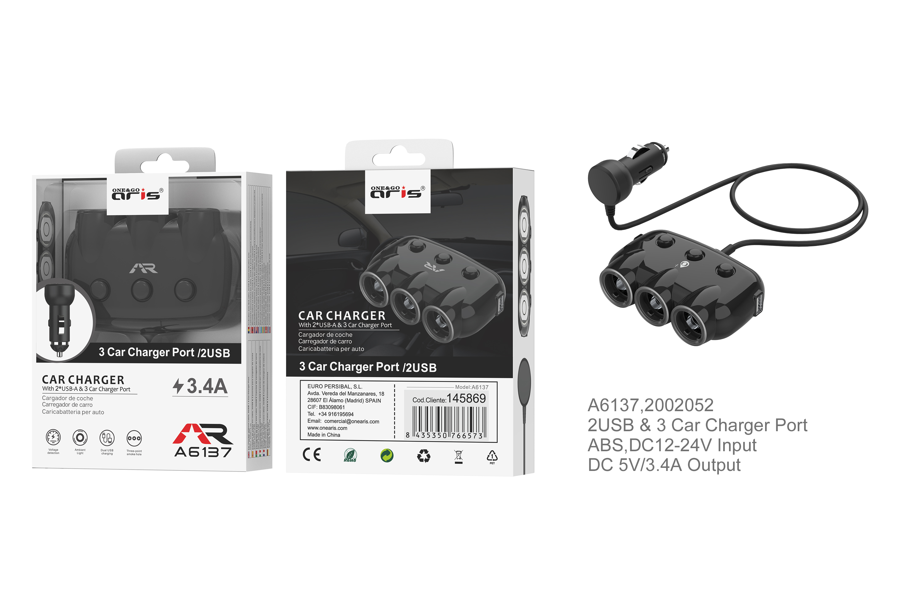 A6137 Prolongador de  mechero con 3 Salidas de carga + 2USB, 3.4A Max, Negro