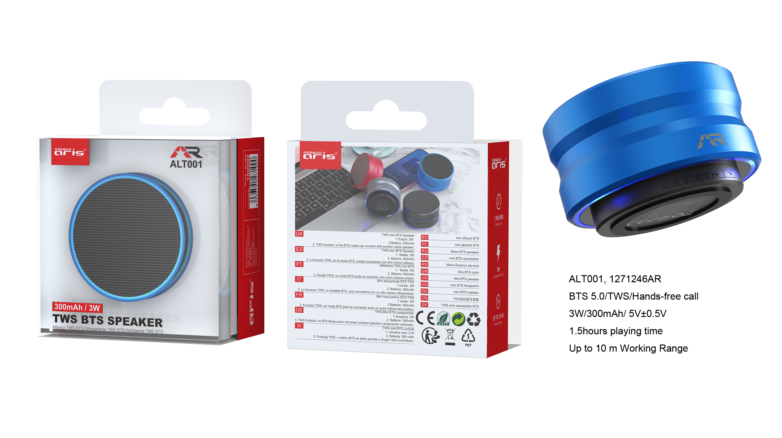 ALT001- AZ. Mini Altavoz Aris,  BTS 5.0/TWS, 3W/300mAh/ 5V+- 10 mtr. dist. Azul