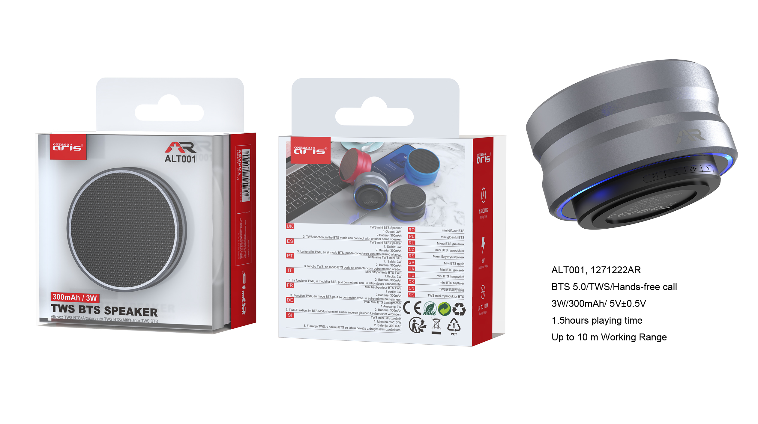ALT001- GR. Mini Altavoz Aris,  BTS 5.0/TWS, 3W/300mAh/ 5V+- 10 mtr. dist. Gris