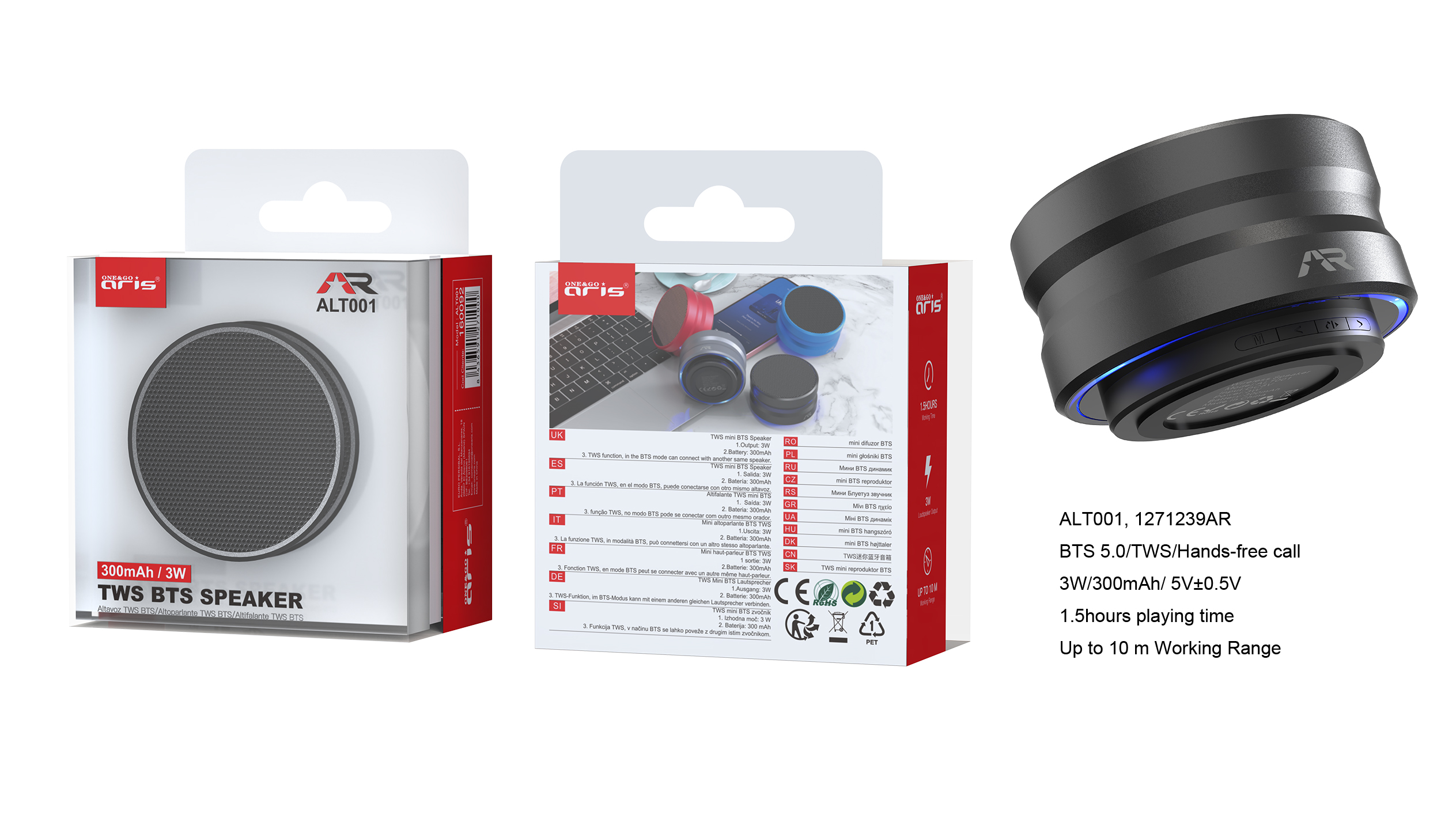 ALT001- NG. Mini Altavoz Aris,  BTS 5.0/TWS, 3W/300mAh/ 5V+- 10 mtr. dist. Negro
