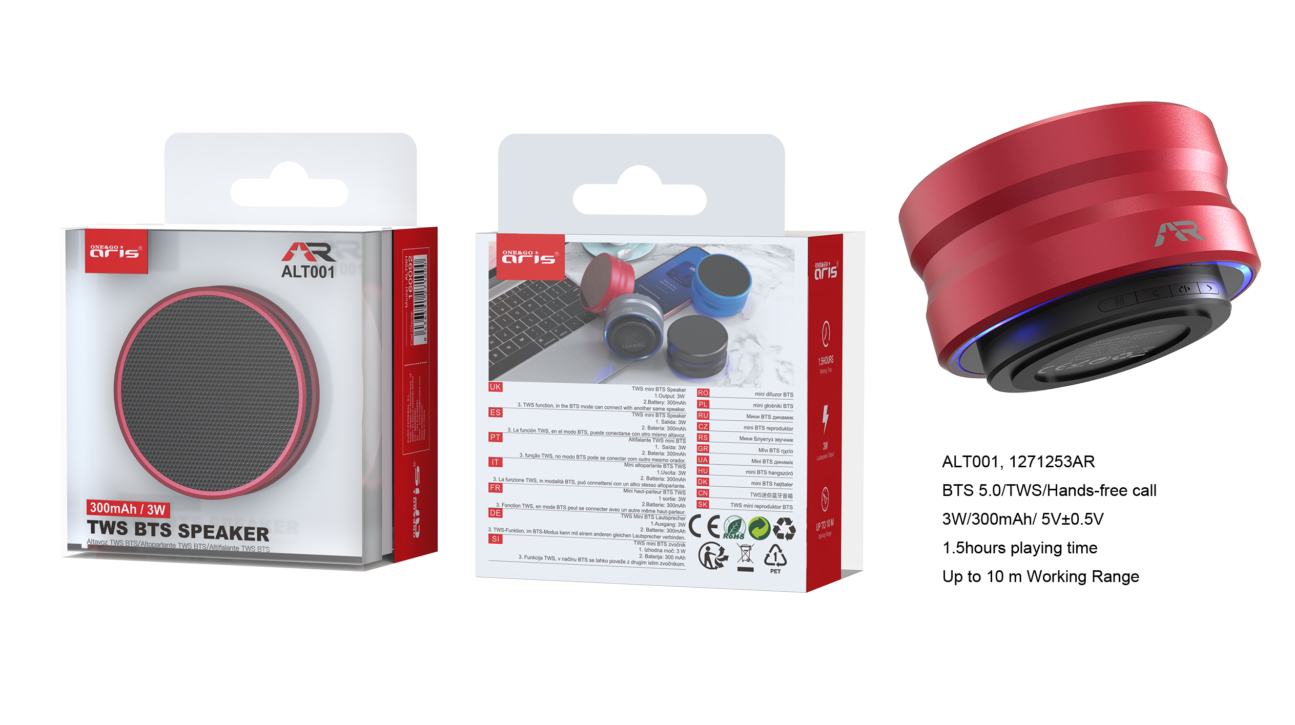 ALT001- RJ. Mini Altavoz Aris,  BTS 5.0/TWS, 3W/300mAh/ 5V+- 10 mtr. dist. Rojo