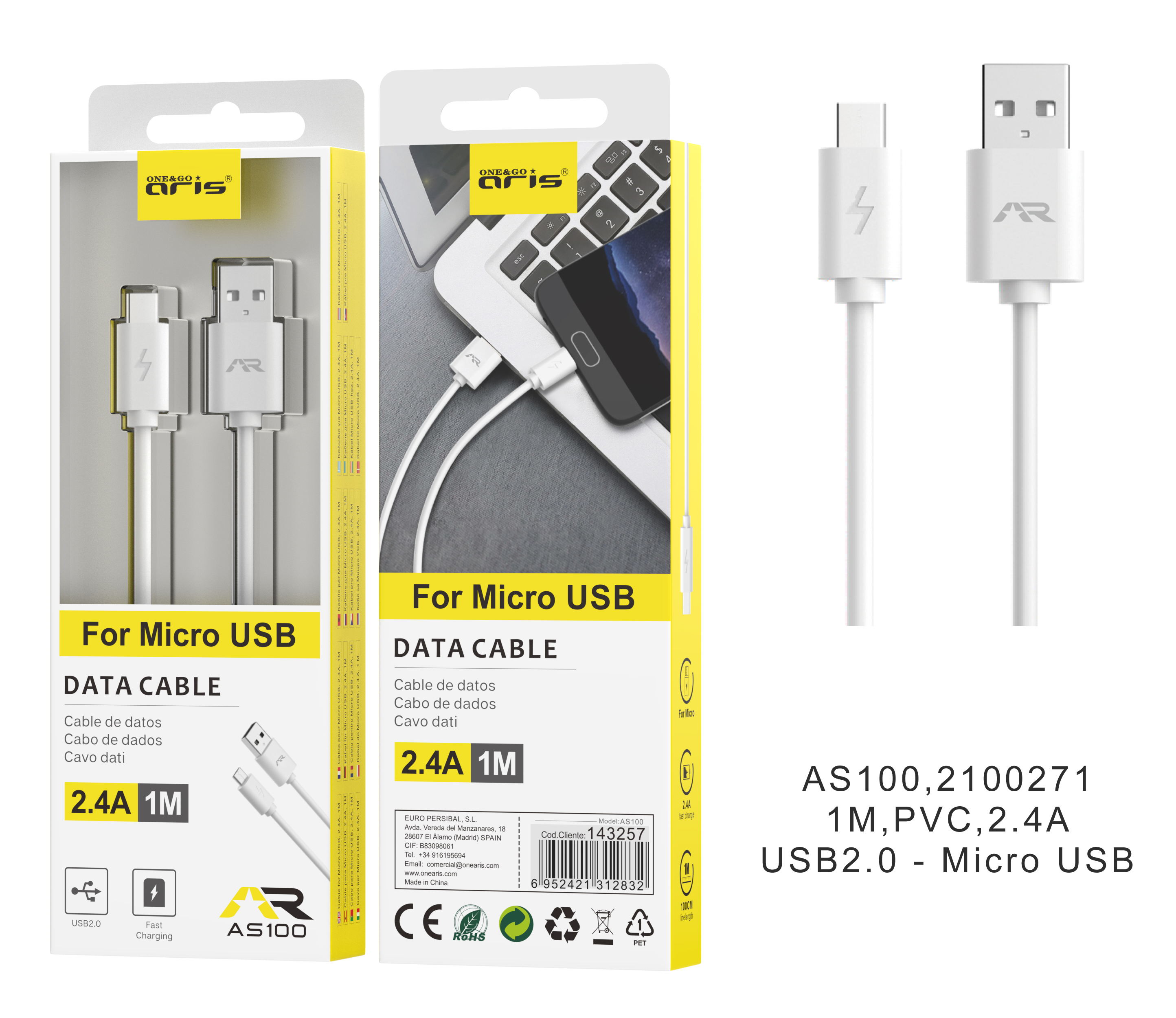 AS100 - Cable ARIS, datos y carga para Micro USB, 2A 1M, Blanco