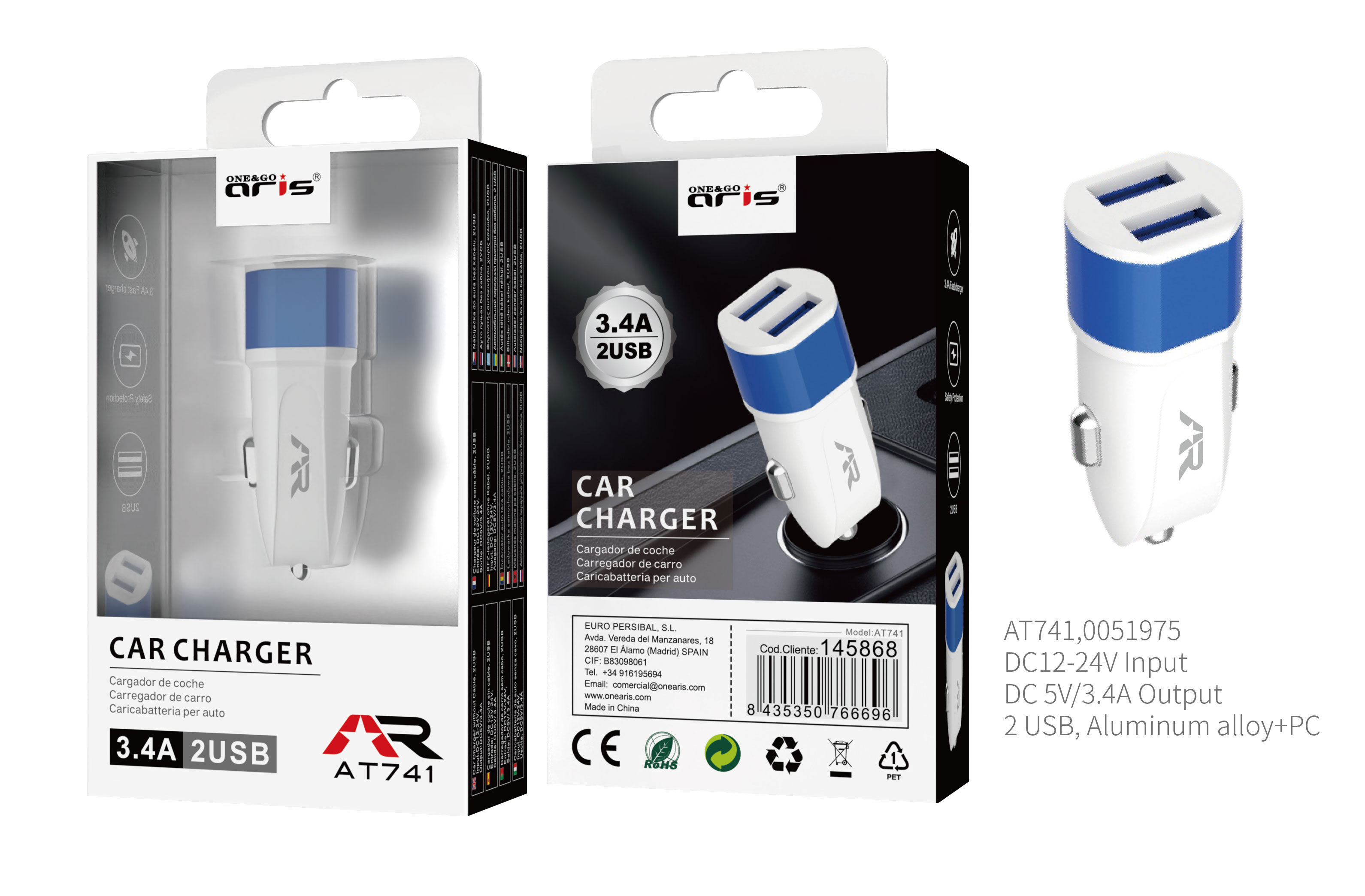 AT741 Cargador Mechero ARIS, 2 USB, 3.4A / 5V, Blanco + Azul