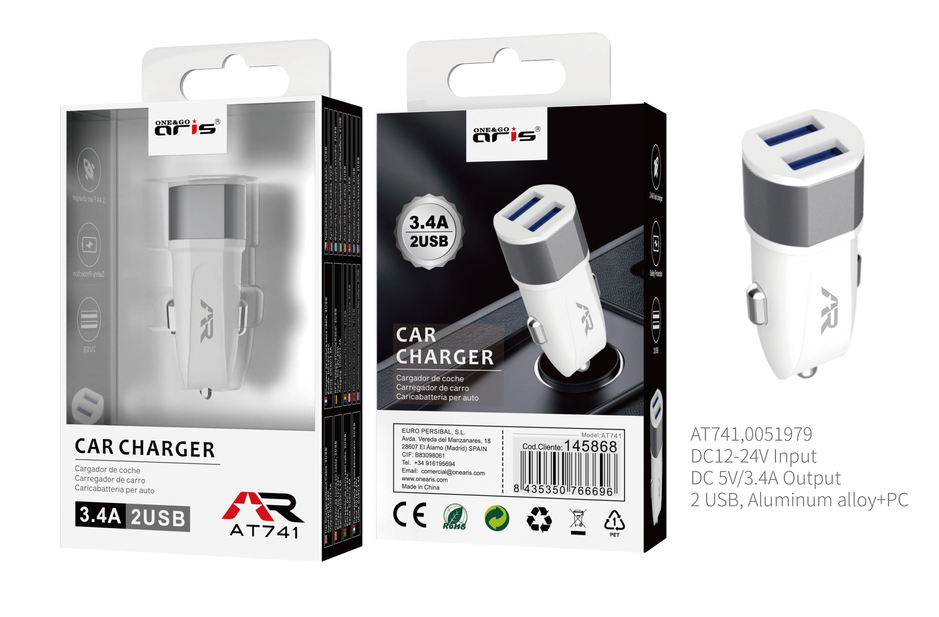 AT741 Cargador Mechero ARIS, 2 USB, 3.4A / 5V, Blanco + Gris