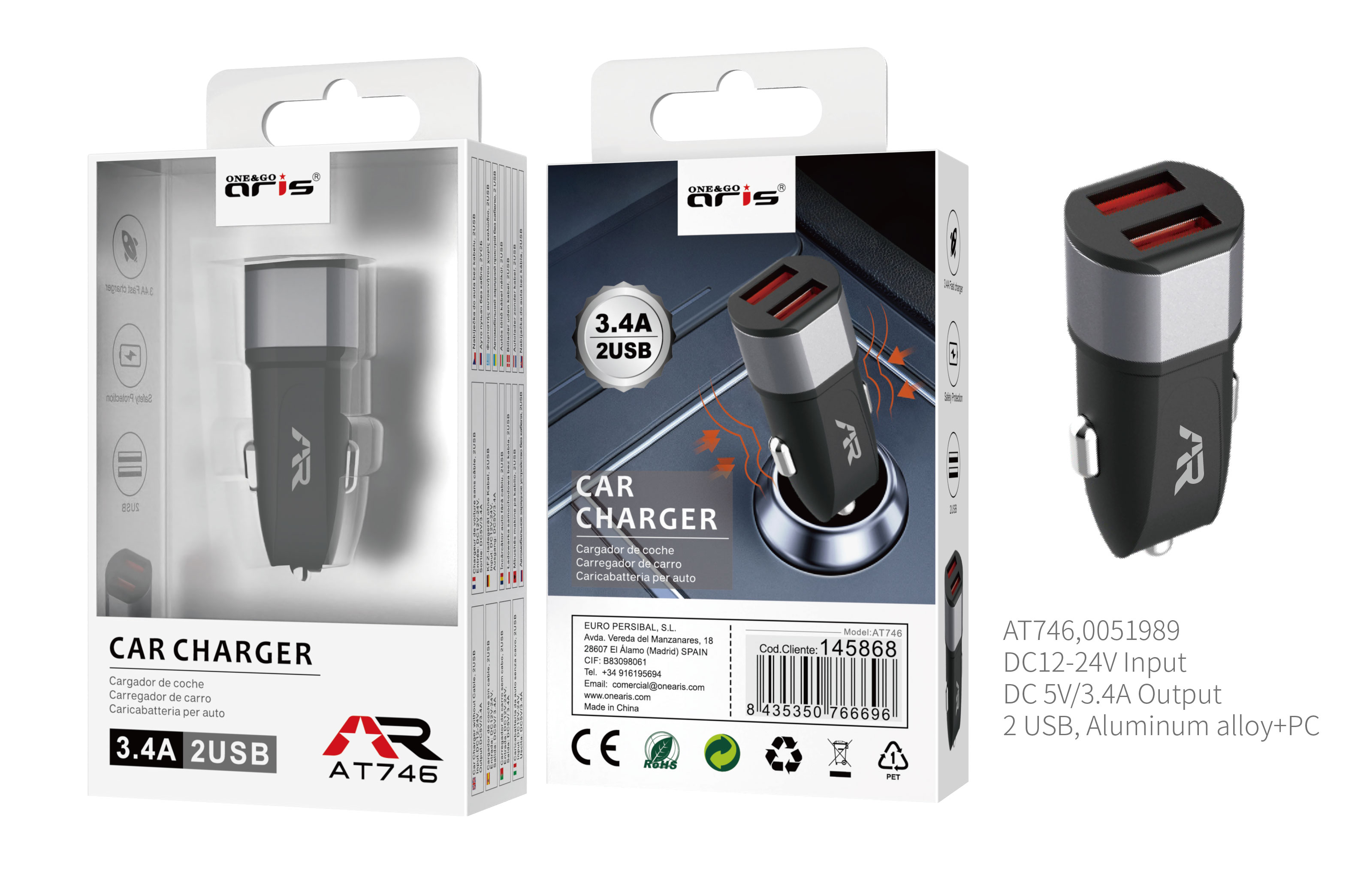 AT746 Cargador Mechero ARIS, 2 USB, 3.4A / 5V, Negro + Gris