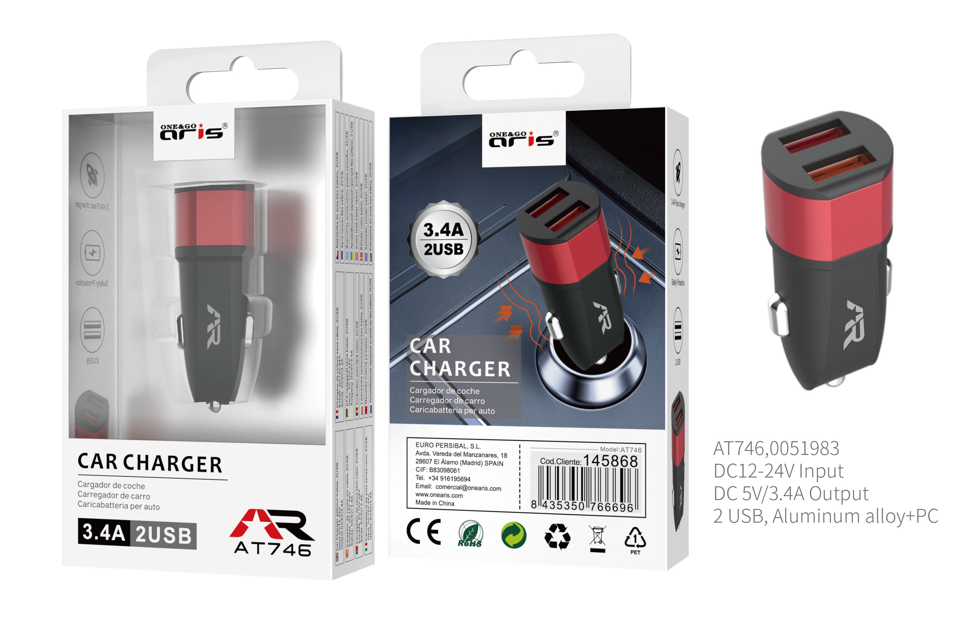 AT746 Cargador Mechero ARIS, 2 USB, 3.4A / 5V, Negro + Rojo