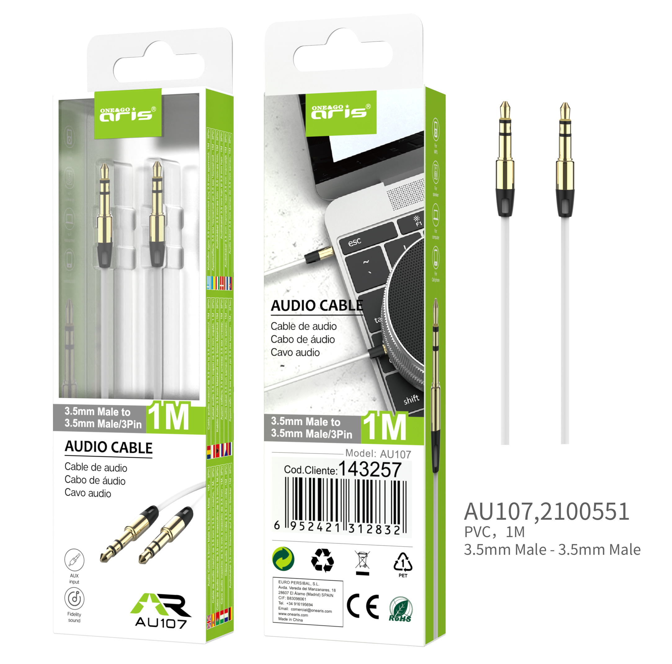 AU107 - Cable ARIS,  Audio Jack 3,5M/M, 1Mtr. Blanco