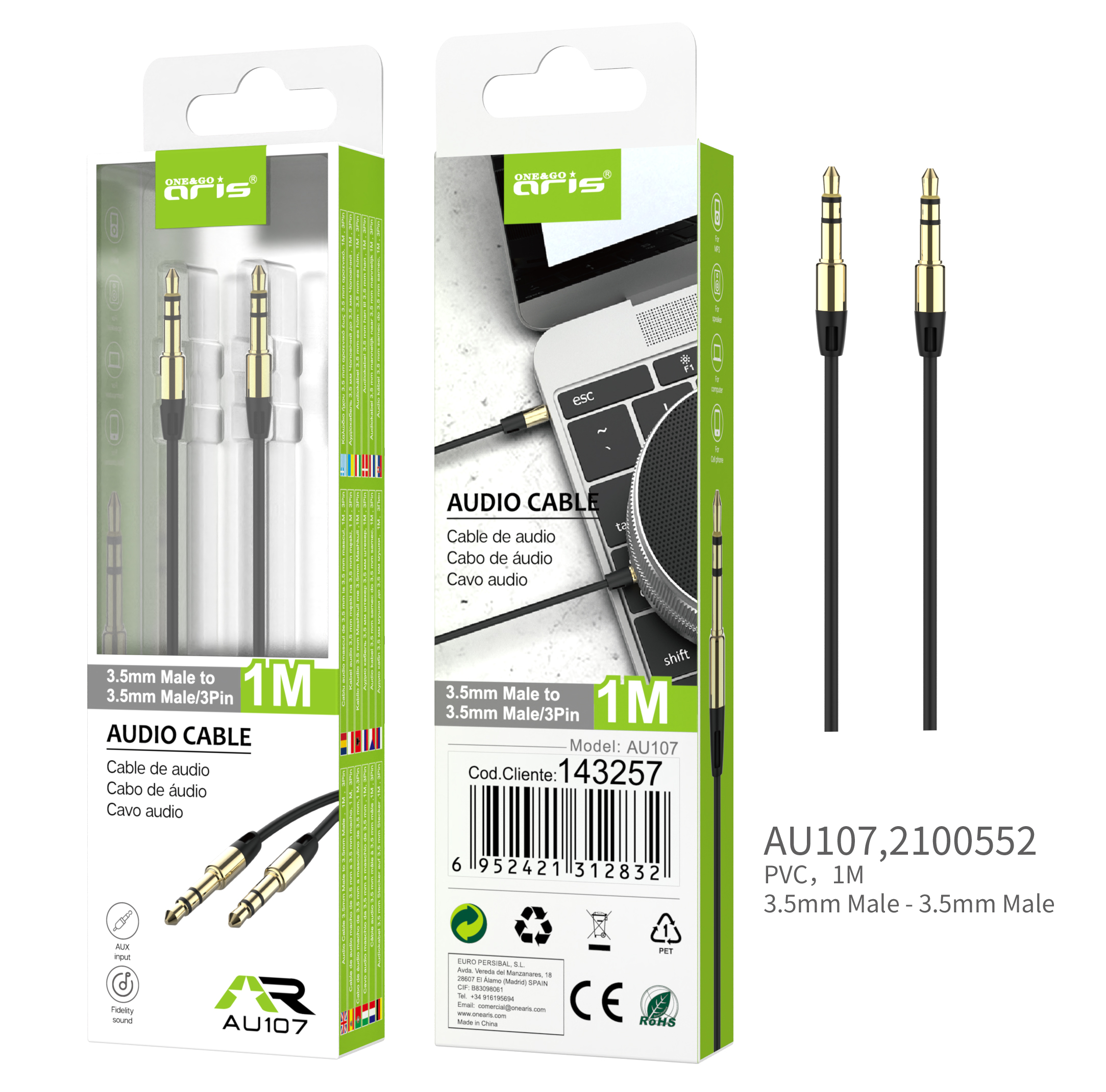 AU107 - Cable ARIS,  Audio Jack 3,5M/M, 1Mtr, Negro