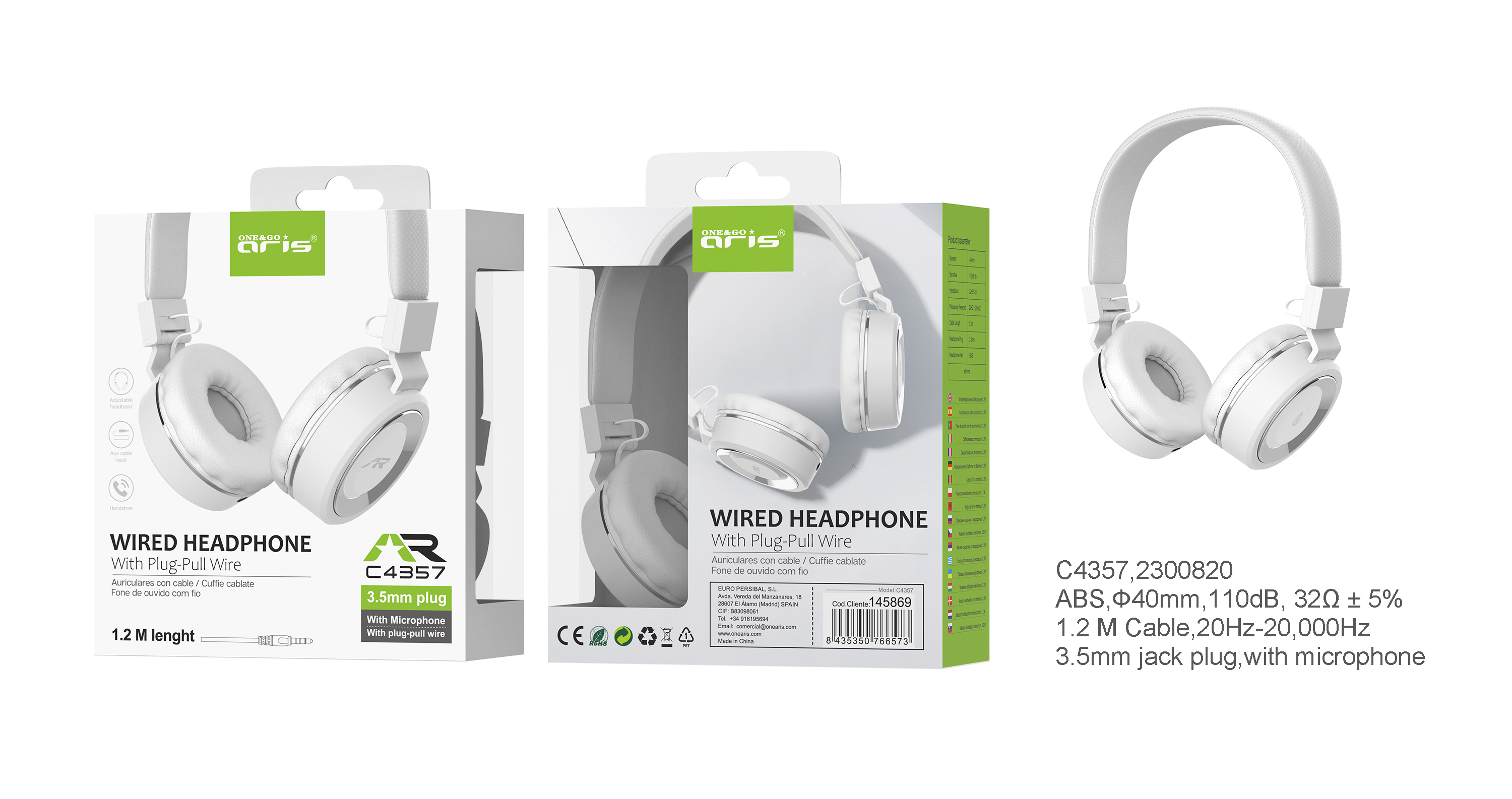 C4357 - 12.95€- Auriculares ARIS, Casco con Microfono , Blanco + Plata