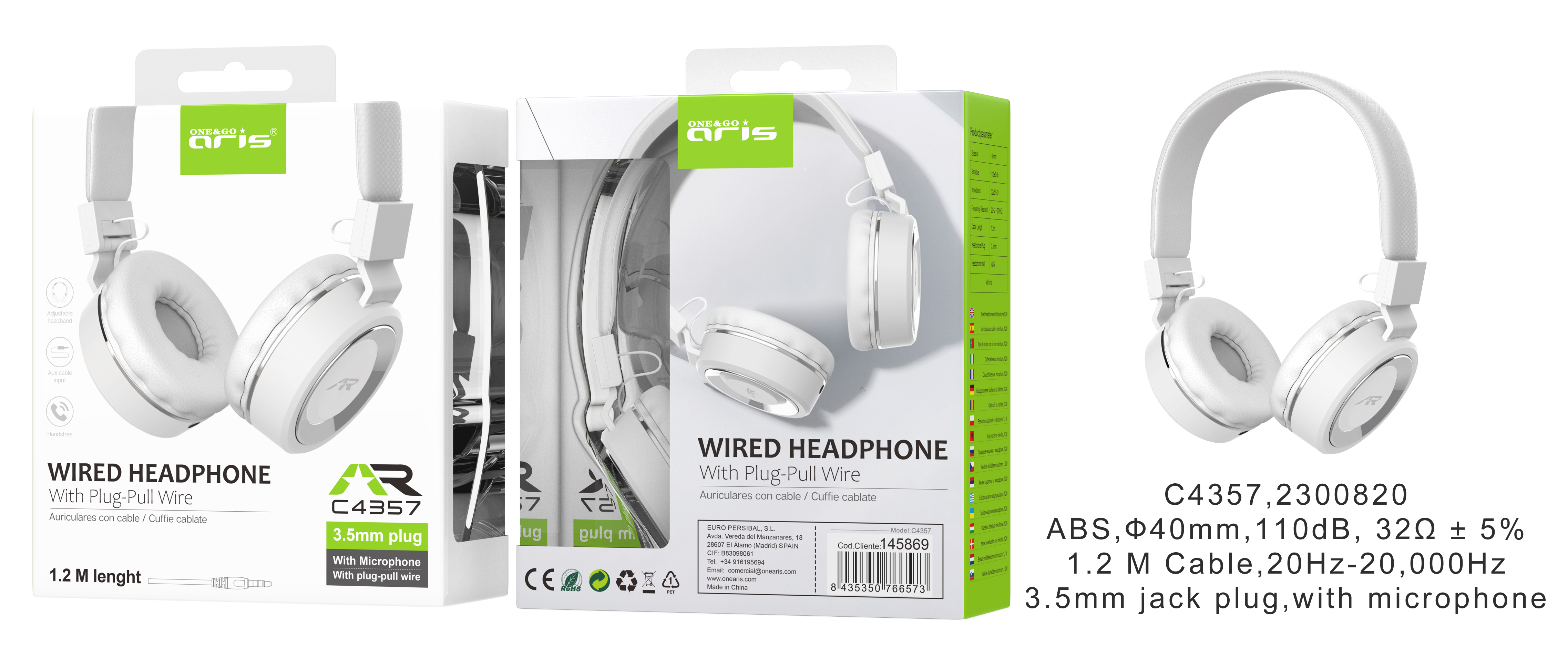 C4357 - Auriculares ARIS, Casco con Microfono , Blanco + Plata