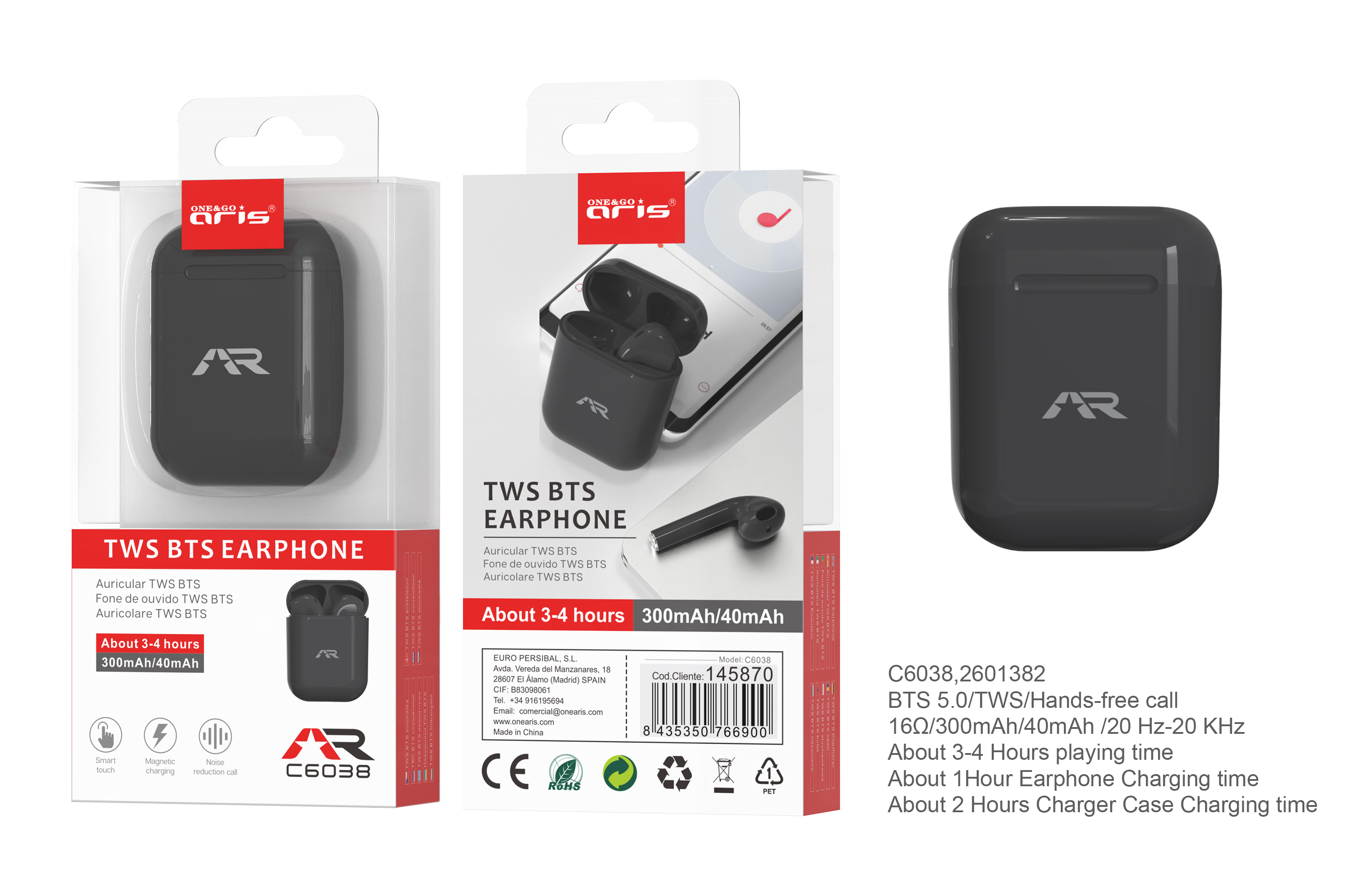 C6038 - Auriculares ARIS, BTS 5.0/TWS, M.libres, 3/4 hr, Negro
