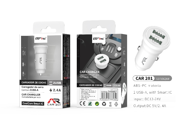 CAR201 - Cargador mechero Inteligente ARIS, 2USB, 2.4A , Blanco