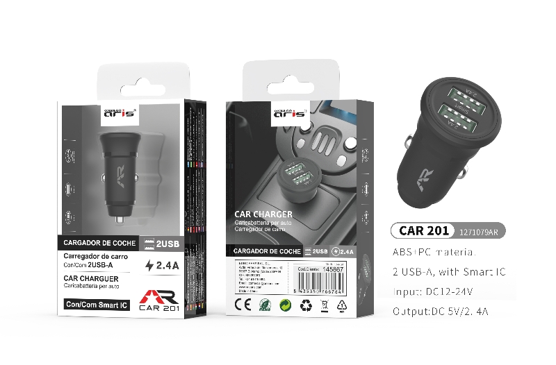 CAR201 - Cargador mechero Inteligente ARIS, 2USB, 2.4A , Negro