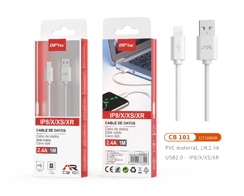 CB101 Cable ARIS, datos y carga para Iphone 8/X/XS/XR.  2.4A, 1M. Blanco