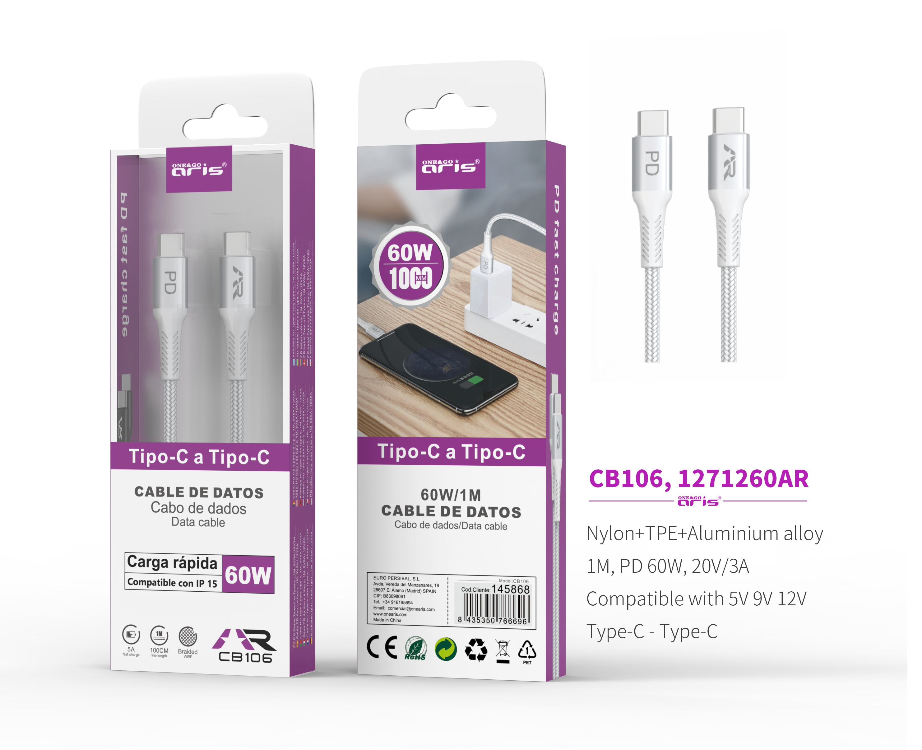 CB106 - BL - Cable de Tipo C a Tipo C,  60W, (Compatible Iphone 15) Blanco