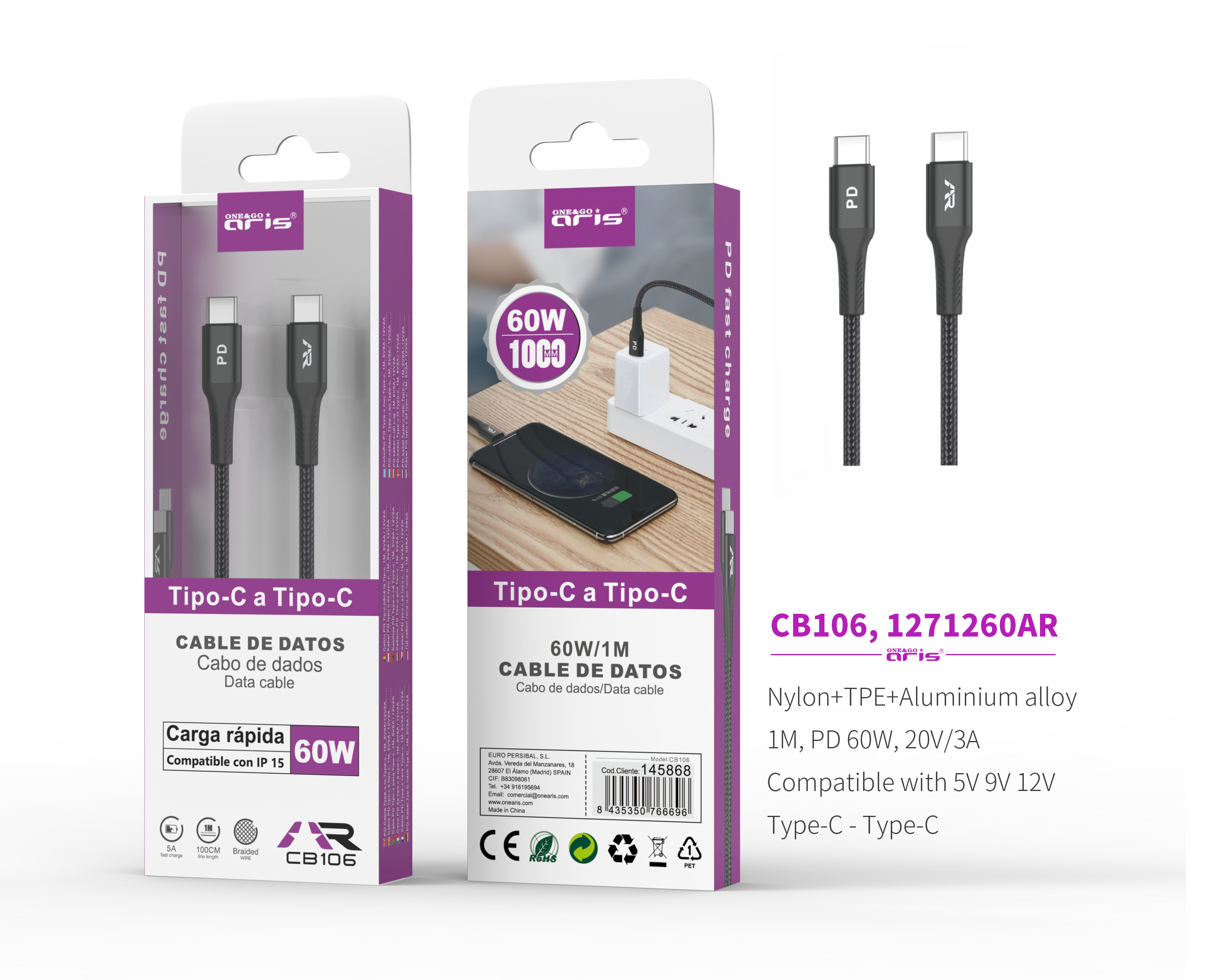 CB106 - NG- Cable de Tipo C a Tipo C,  60W, (Compatible Iphone 15) Negro