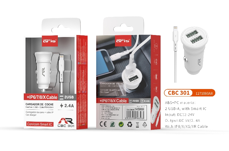 CBC301 - Cargador mechero ARIS, + cable IP6/7/8/X/XR, 2USB, 2.4A , Blanco