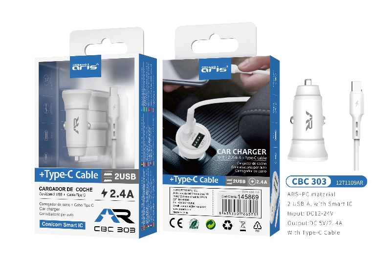 CBC303 - Cargador mechero ARIS + cable Type C, 2 USB, 2.4A , Blanco