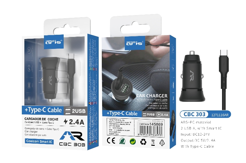 CBC303 - Cargador mechero ARIS + cable Type C, 2 USB, 2.4A , Negro