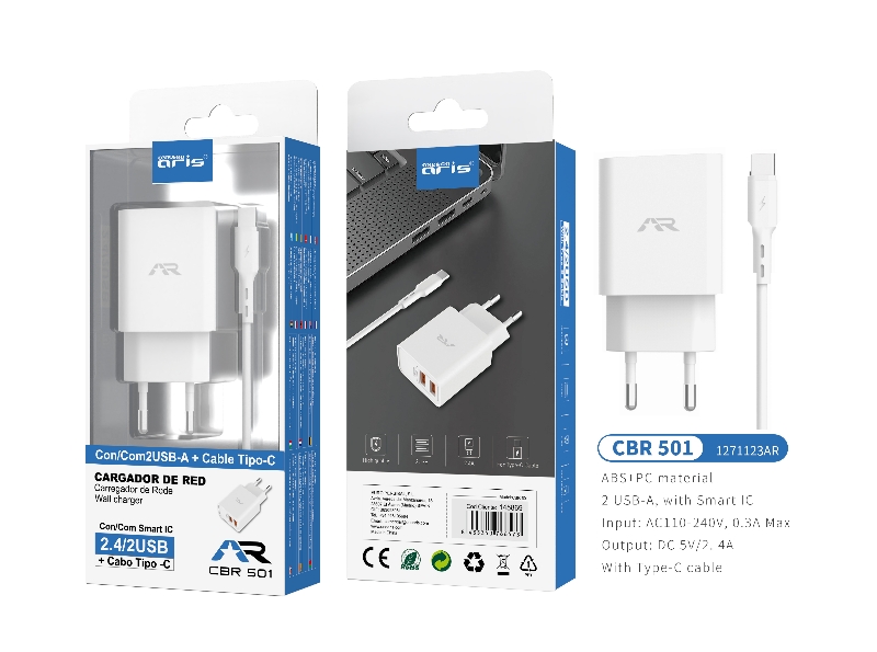 CBR501- BL- Cargador ARIS de Red + Cable Type C, 2USB, 2.4A, Blanco