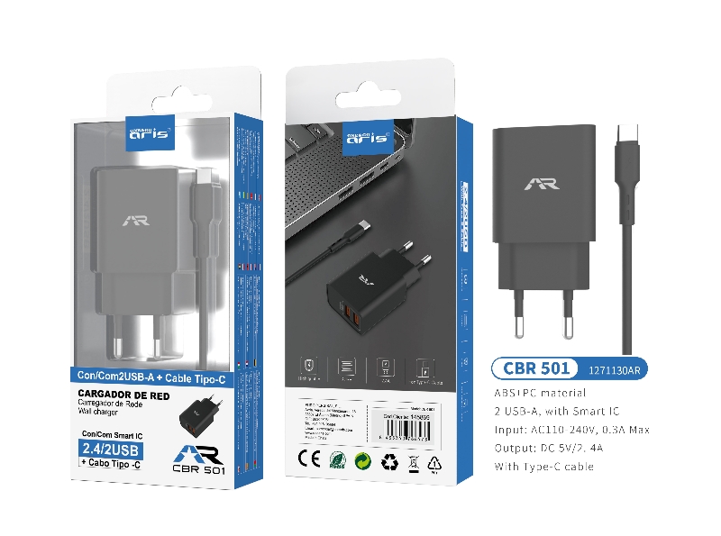 CBR501- NG- Cargador ARIS de Red + Cable Type C, 2USB, 2.4A, Negro