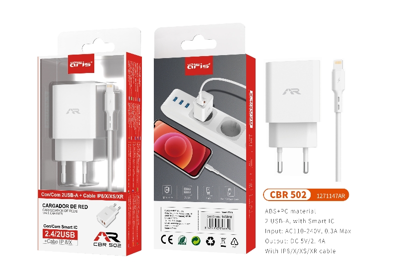 CBR502 BL- Cargador ARIS de Red + Cable IP5/6/7/8/X , 2USB, 2.4A, Blanco
