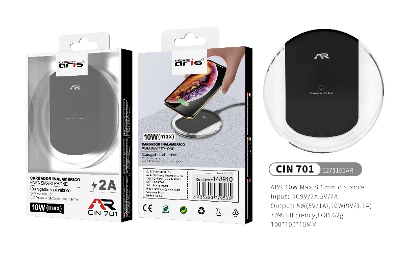 CIN 701 - NG. Cargador Inalámbrico ARIS, para dispositivos móviles, 2A, (10W MAX), Negro