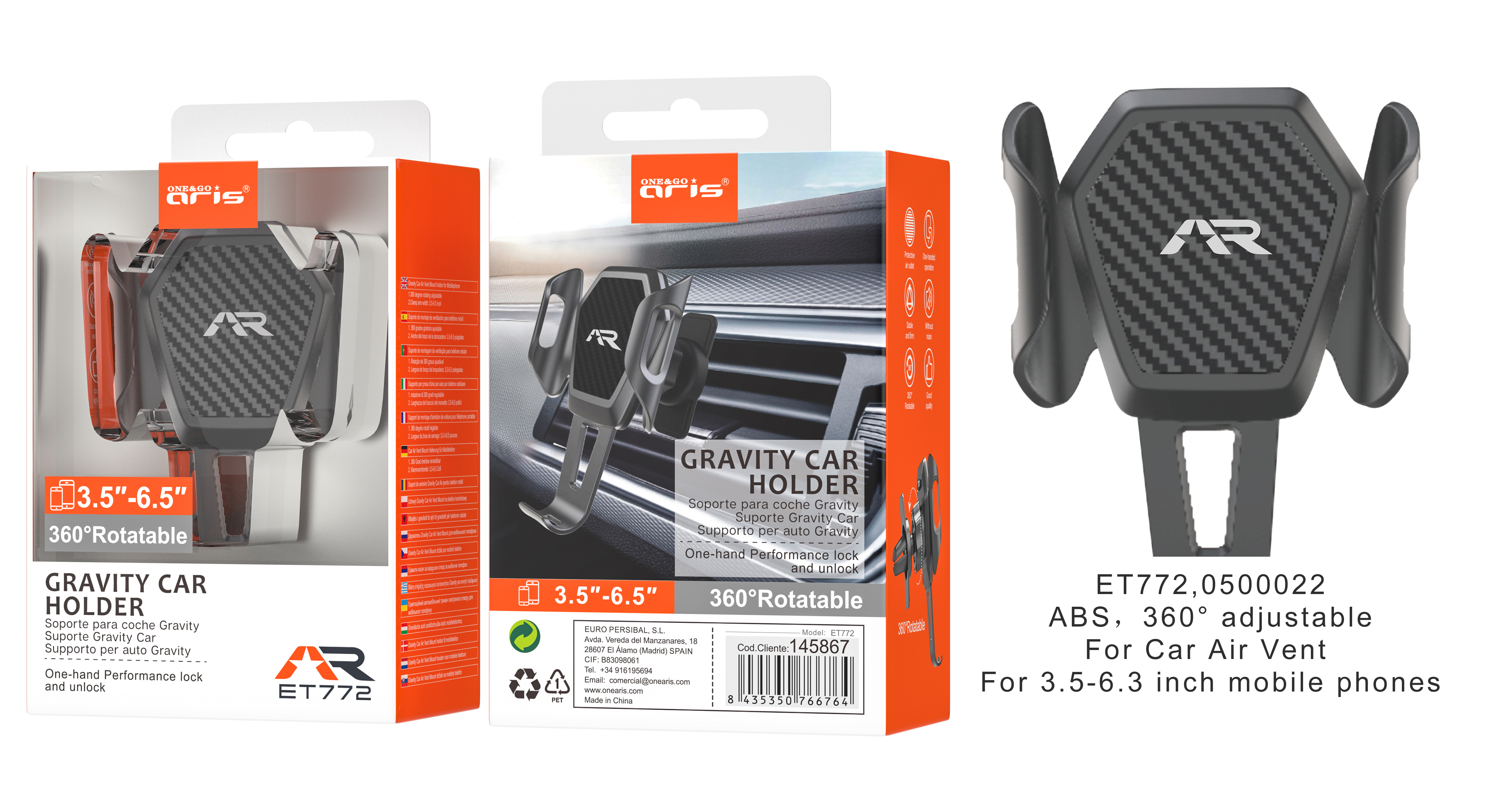 ET772 - Soporte ARIS gravitatorio para movil, insert airvent 360º, Negro