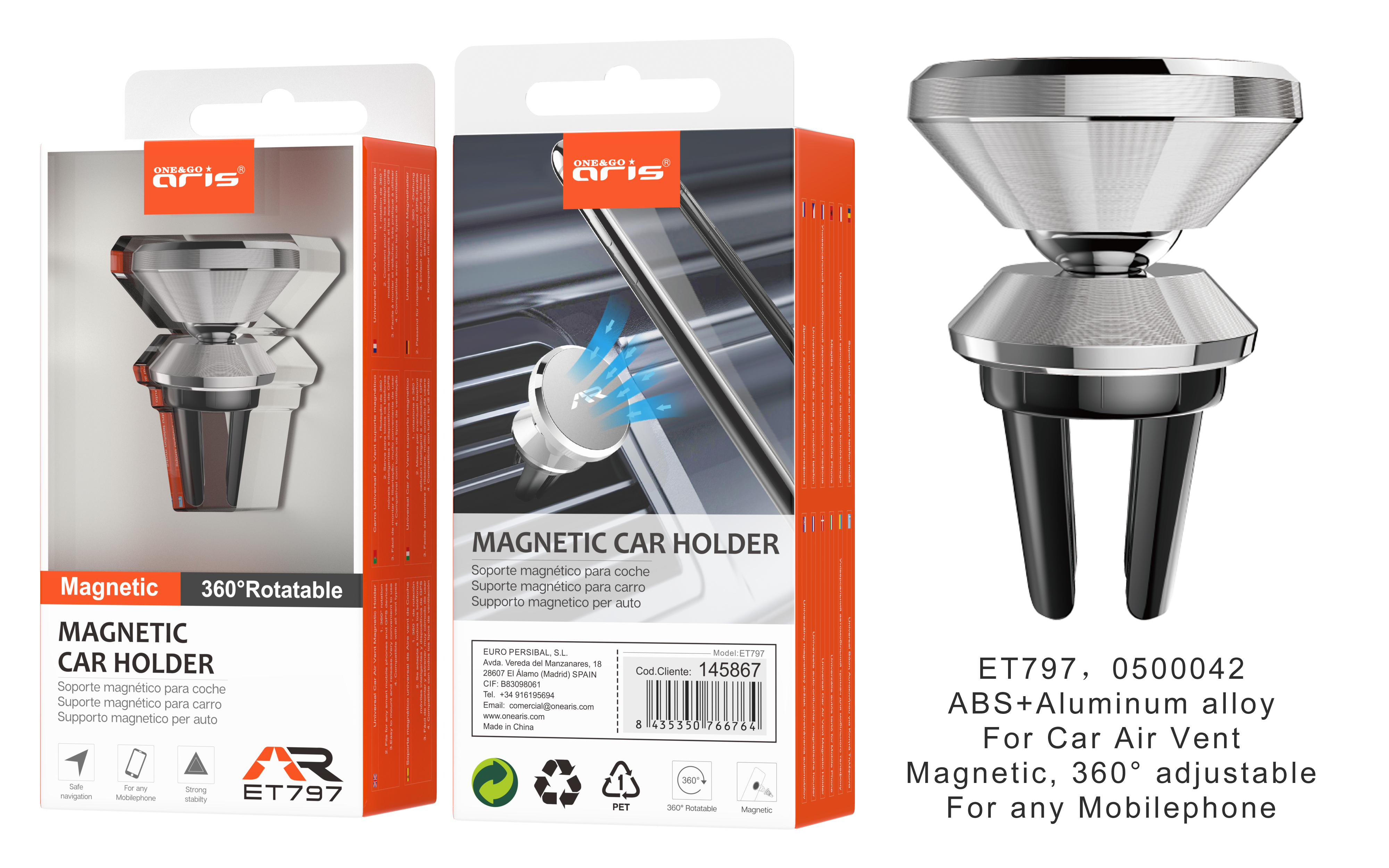 ET797 - Soporte ARIS, Magnetico para movil, airvent, 360º Rotacion, Plata