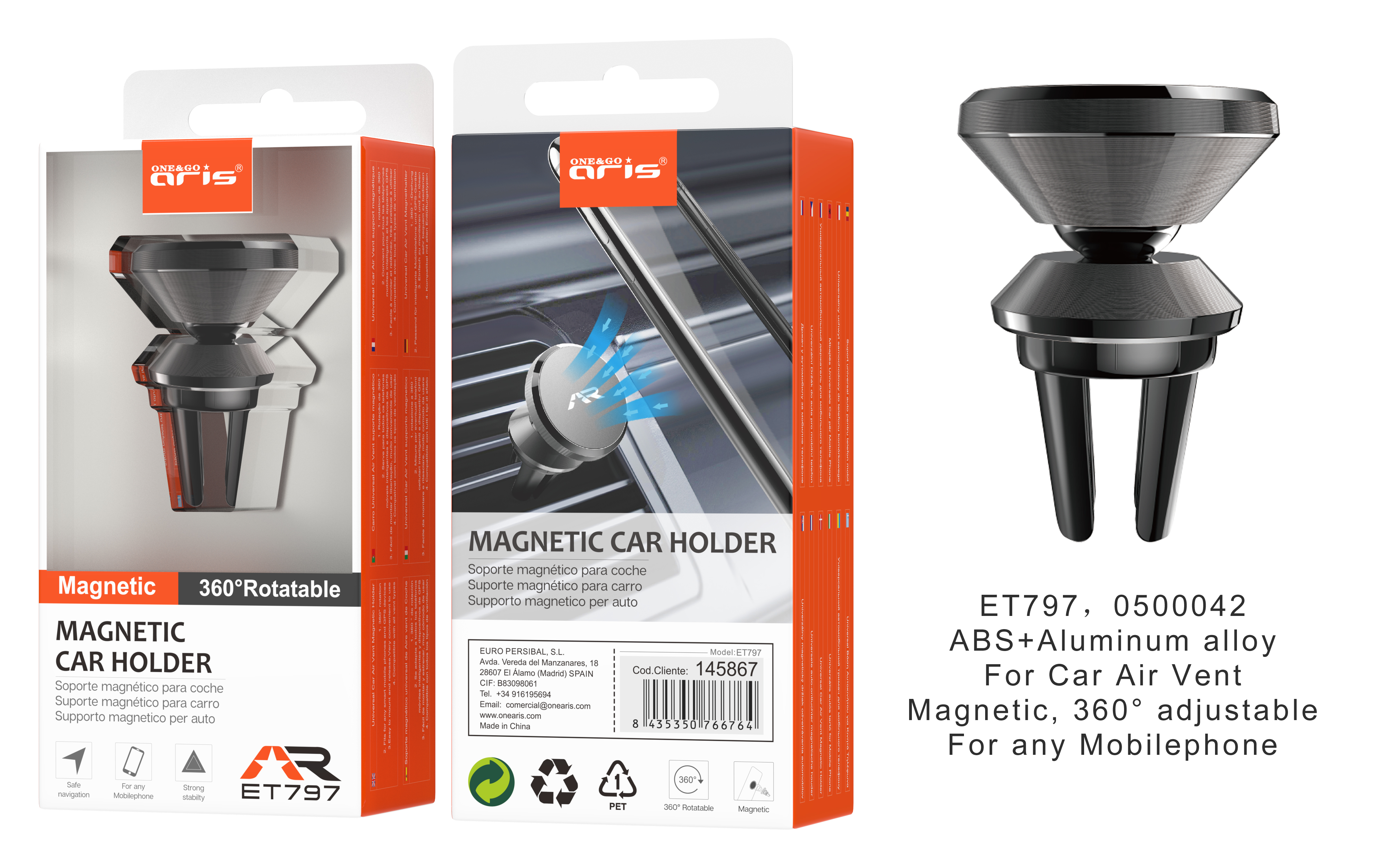 ET797 -Soporte ARIS, Magnetico para movil, airvent, 360º Rotacion, Negro
