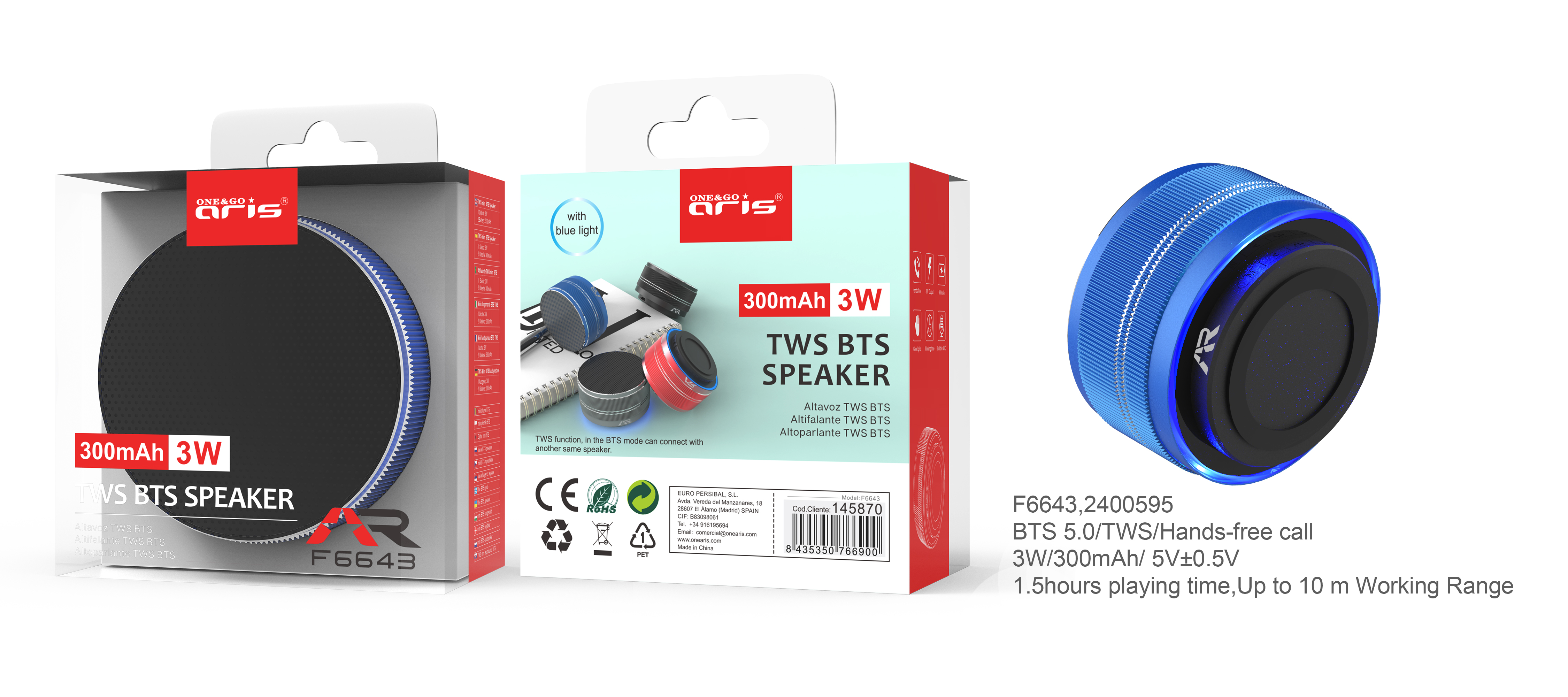 F6643 - ALT001 Mini Altavoz ARIS,TWS - 3W , TF Card, Azul