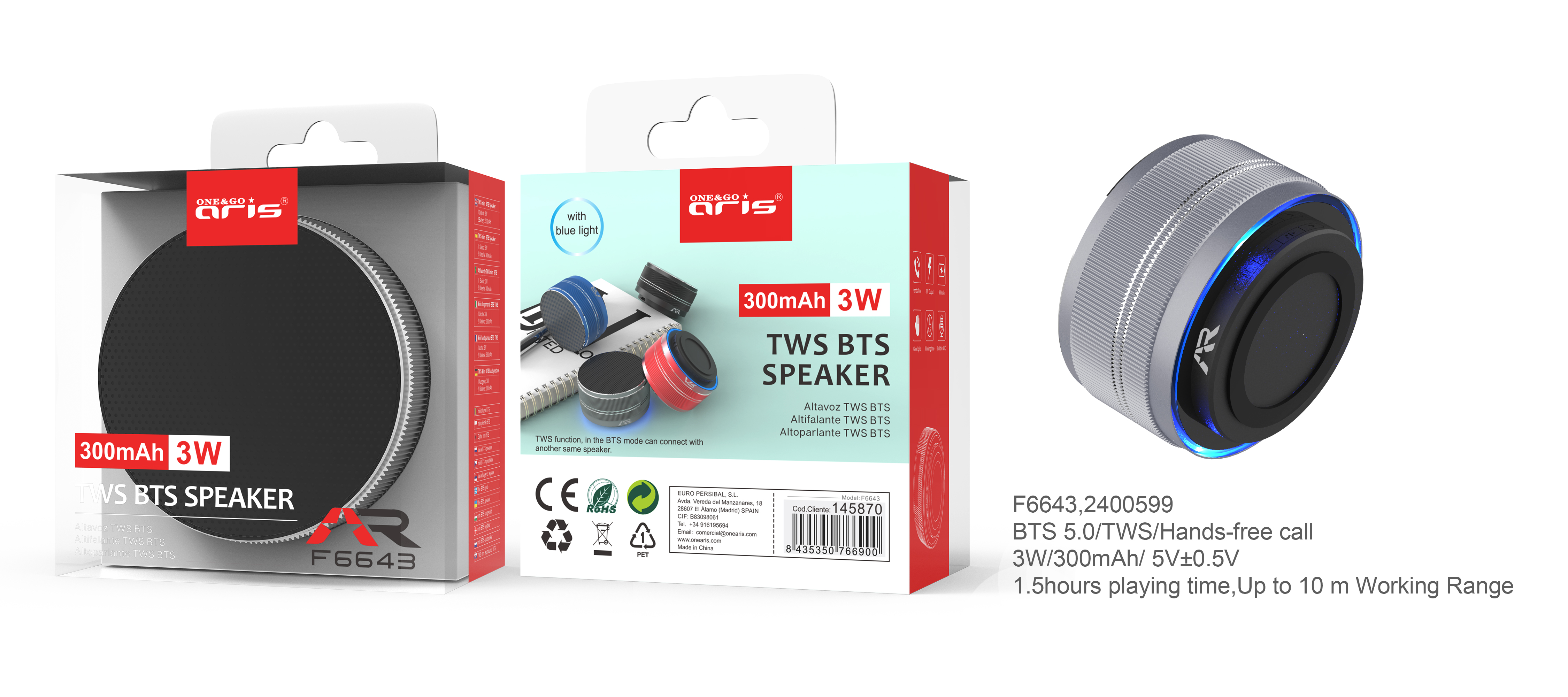 F6643 - ALT001 Mini Altavoz ARIS,TWS - 3W , TF Card,, Gris