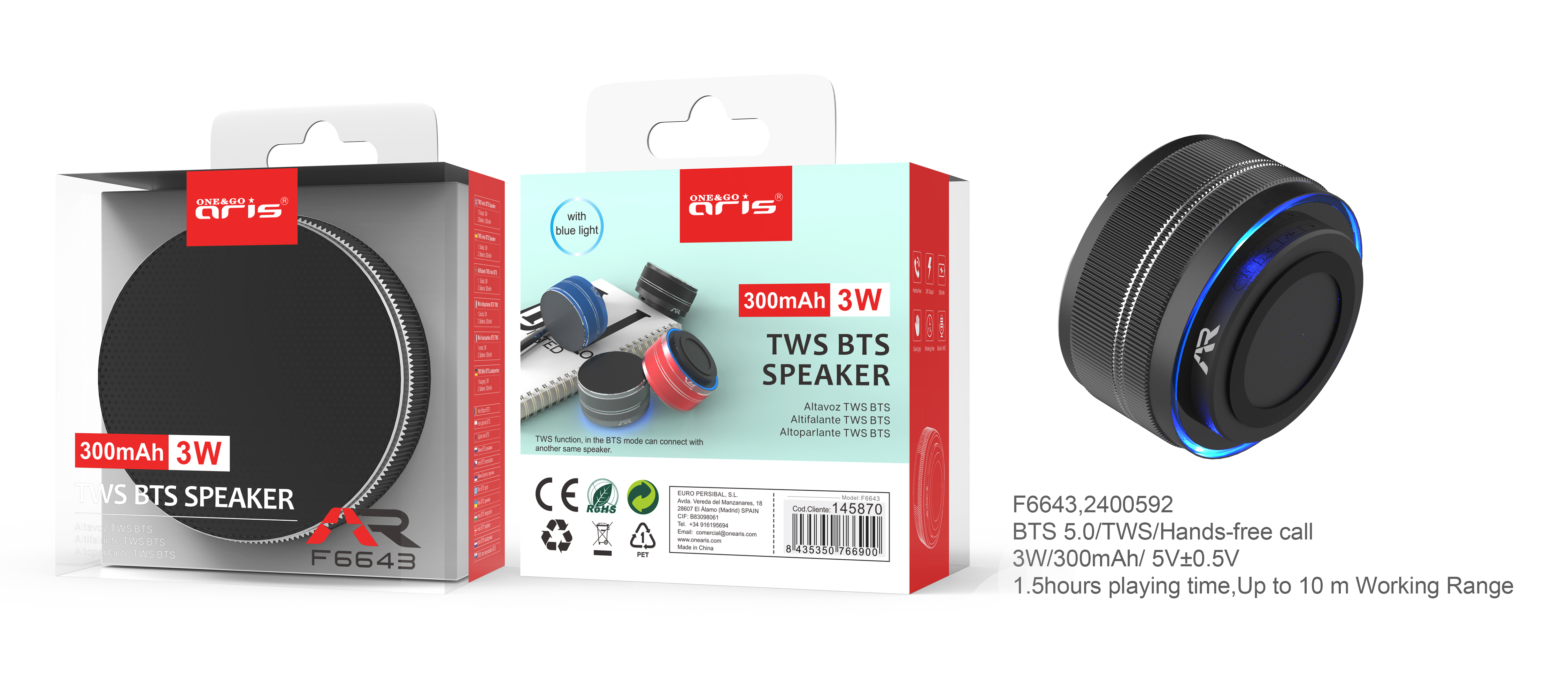 F6643 - ALT001 Mini Altavoz ARIS,TWS - 3W , TF Card, Negro