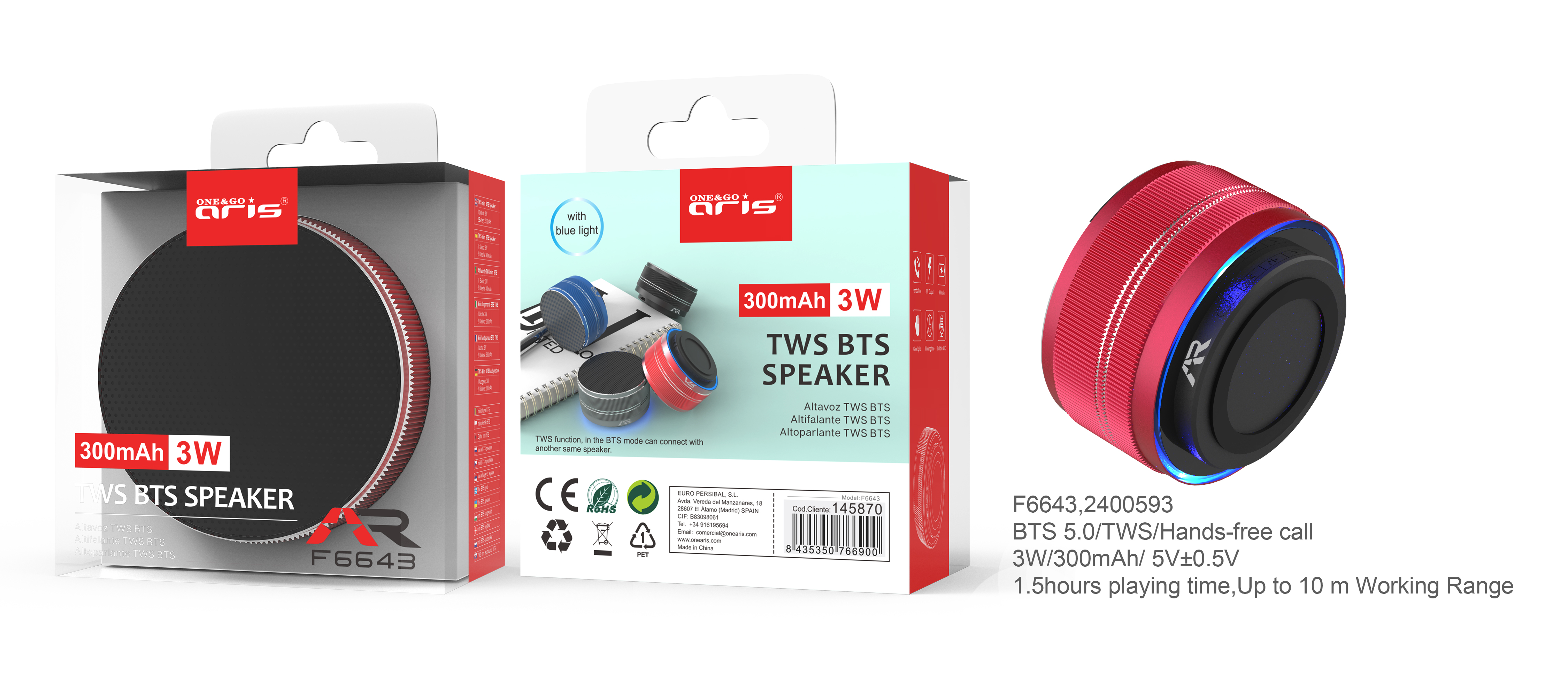 F6643 - ALT001 Mini Altavoz ARIS,TWS - 3W , TF Card, Rojo
