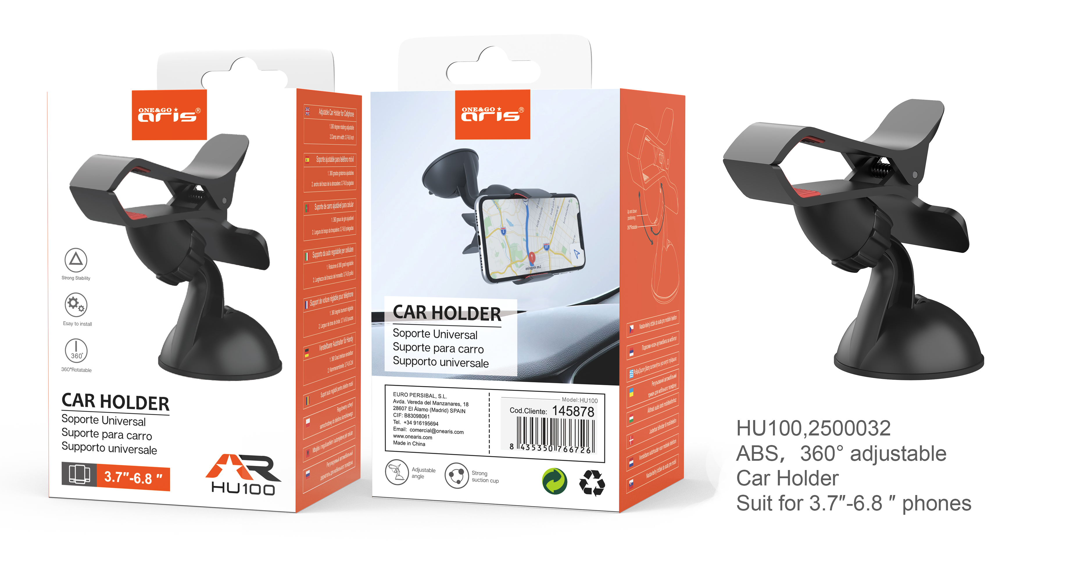 HU100 - Soporte ARIS, corto universal para movil, Negro