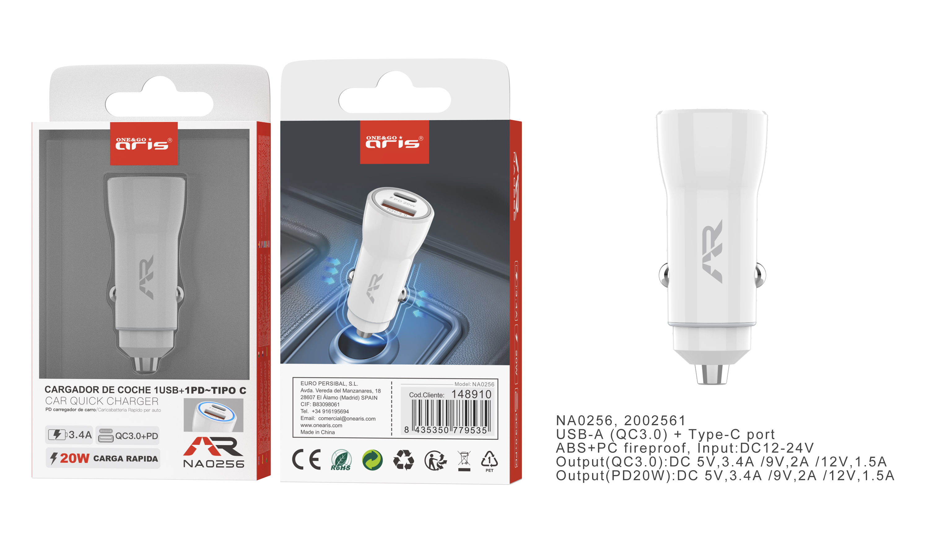 NA0256-BL. Cargador coche  18W, 1 PD + 1 USB,  Carga rápida 3.0, Blanco