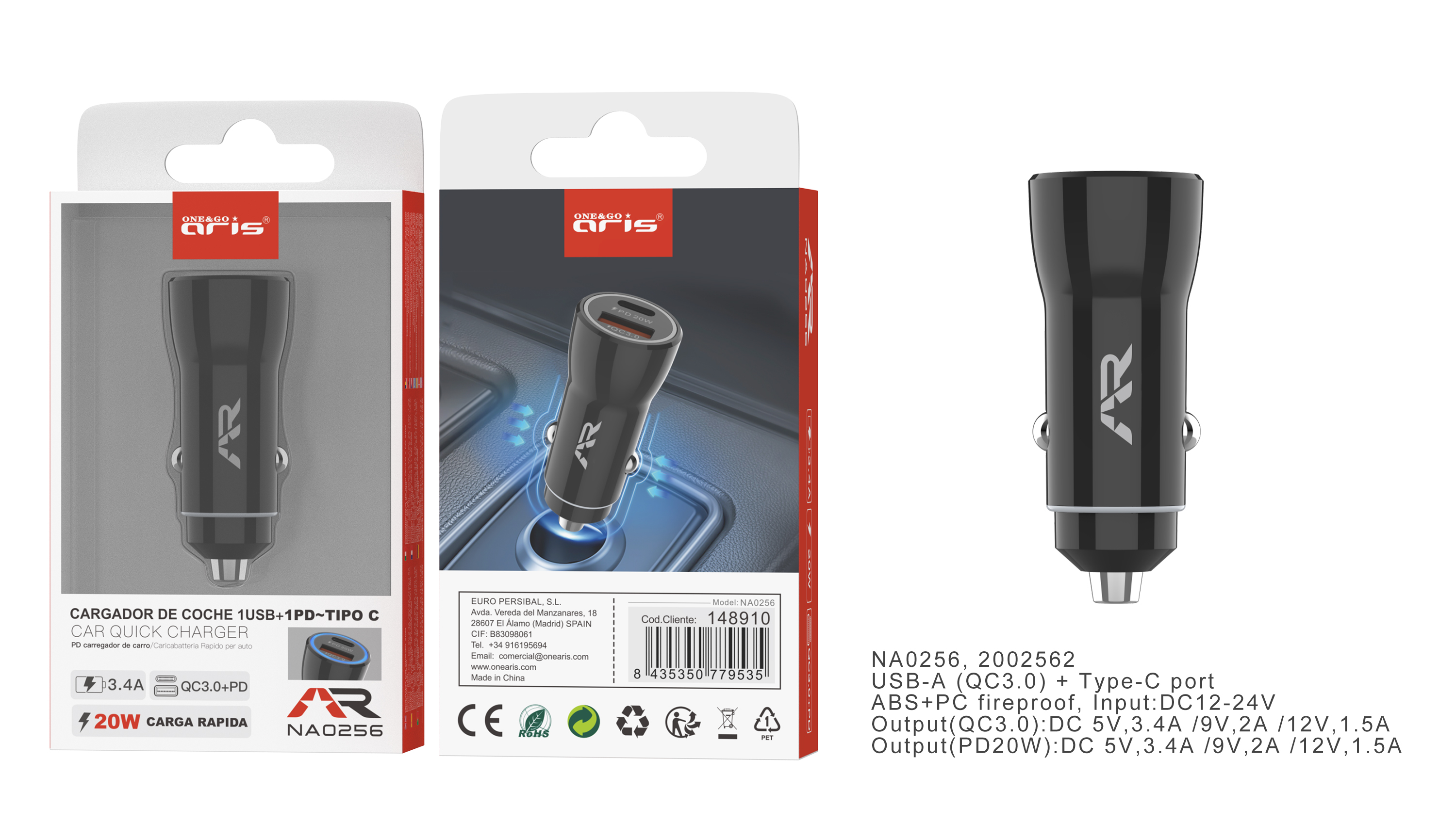 NA0256-NG. Cargador coche  18W, 1 PD + 1 USB,  Carga rápida 3.0, Negro