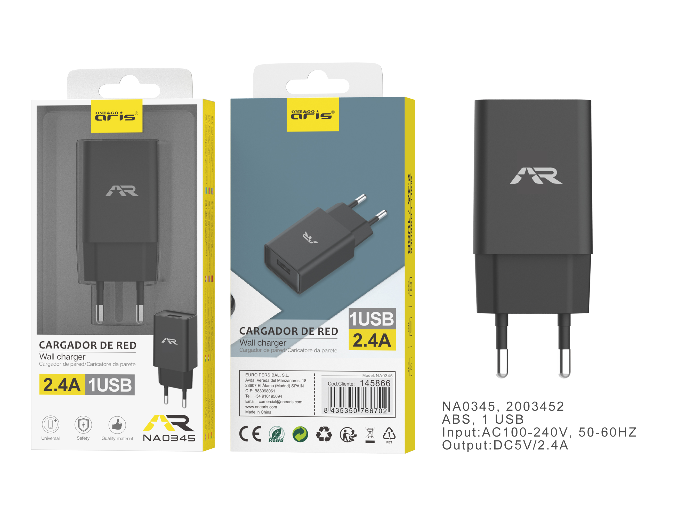 NA0345-NG. Cargador de Red, 1 USB, 2.4A, Negro