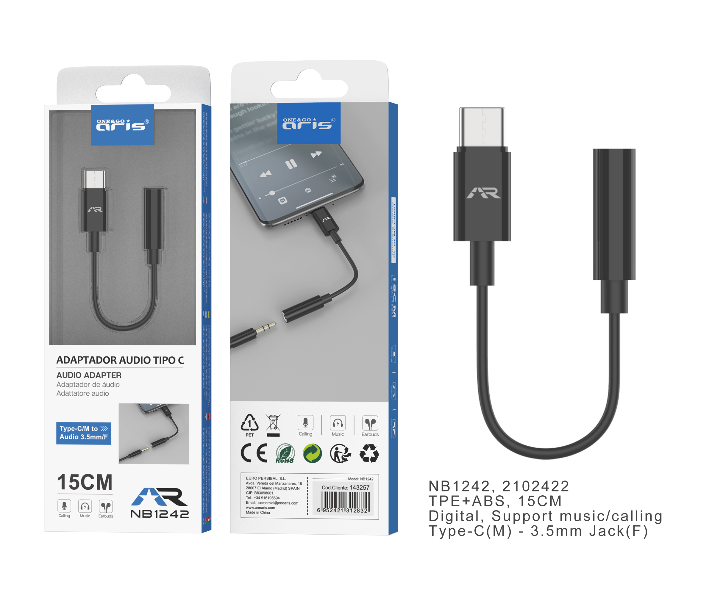 NB1242-NG.  Adaptador audio para Tipo C, Negro