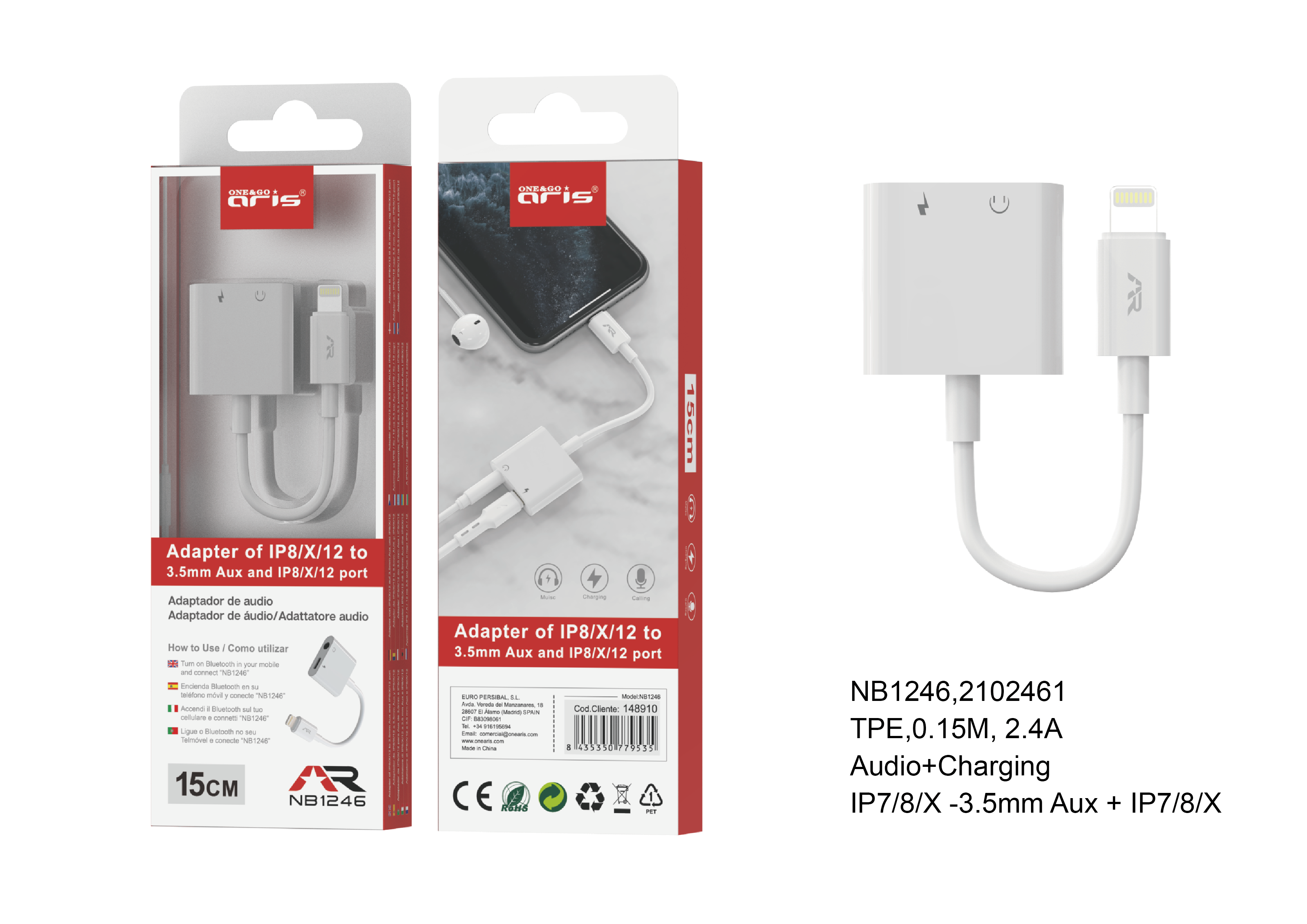 NB1246 Cable Adaptador ARIS, 2 en 1,Carga Iphone 8/X/12 + Audio 3,5mm, 0,15M, Blanco