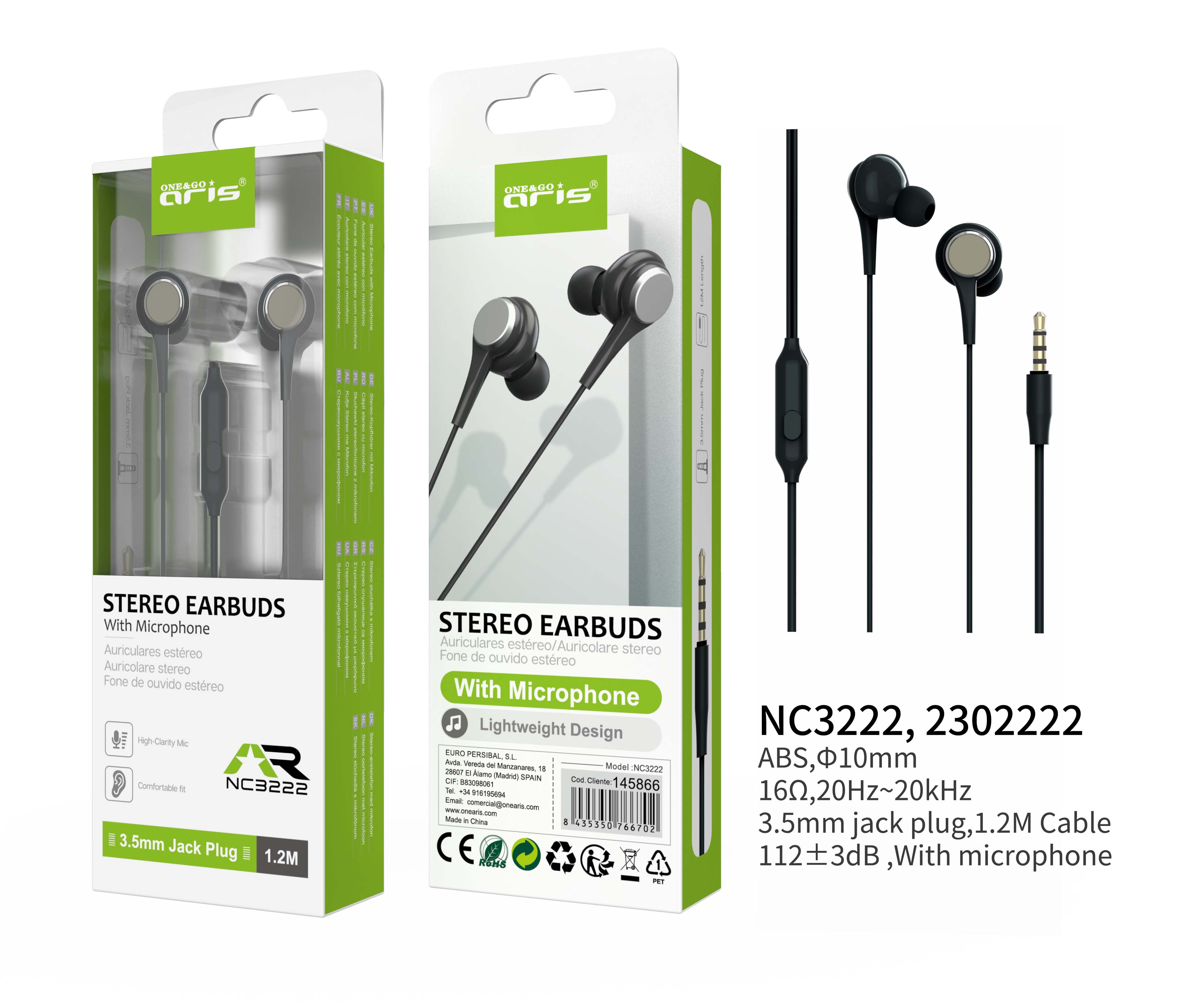 NC3222 - Auriculares Aris con microfono y boton multifunciones, 1.2M, Negro
