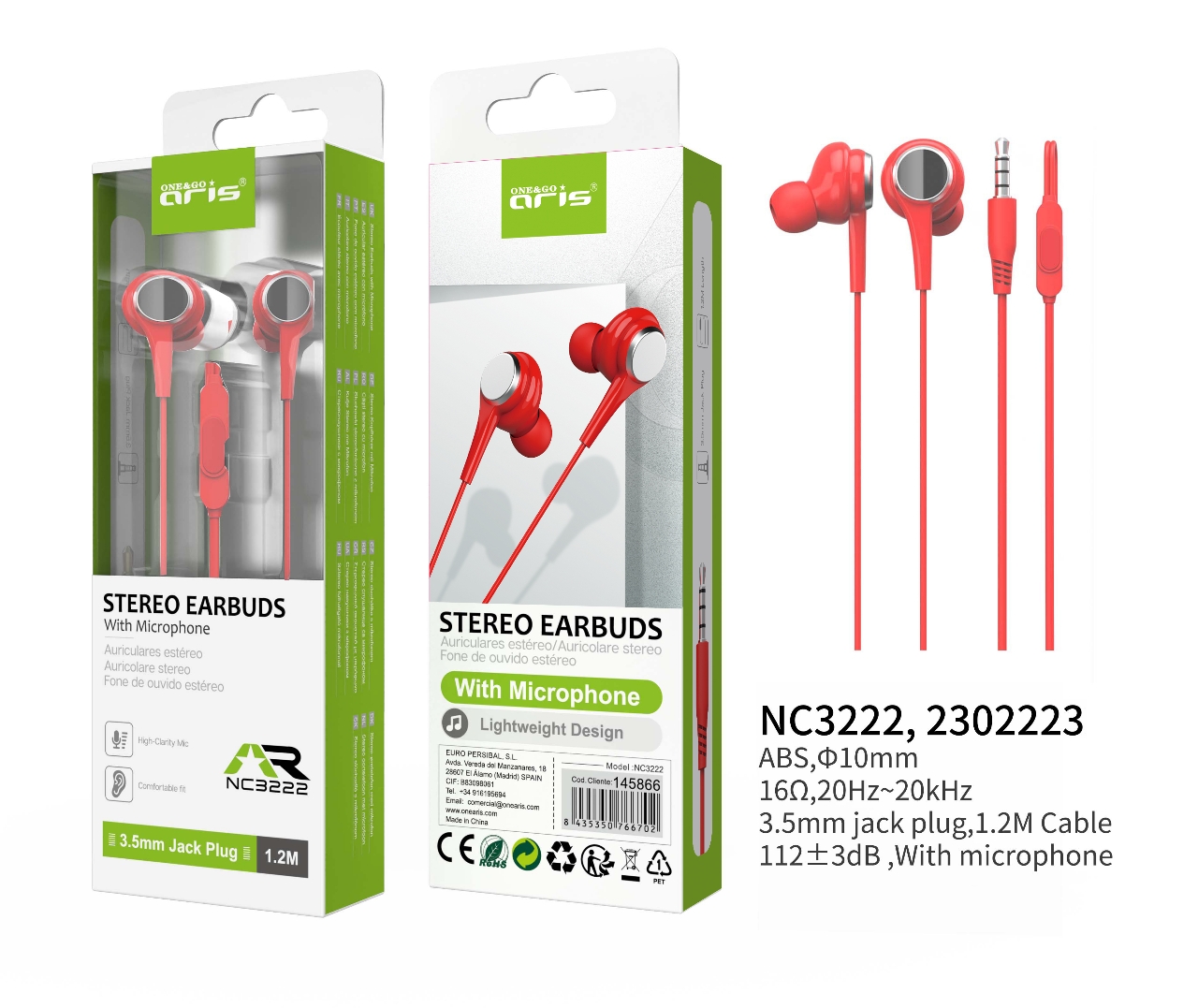NC3222 - Auriculares Aris con microfono y boton multifunciones, 1.2M, Rojo
