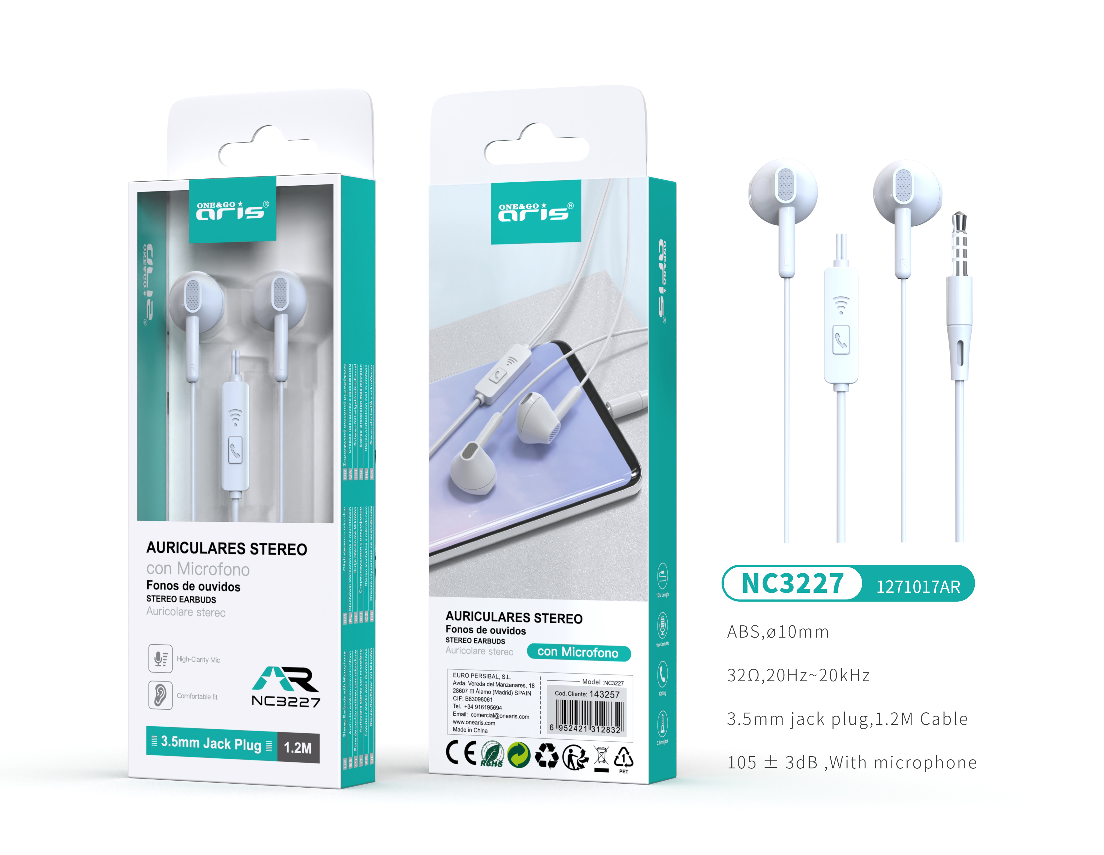 NC3227- BL , Auriculares Estereo con Microfono, Blanco