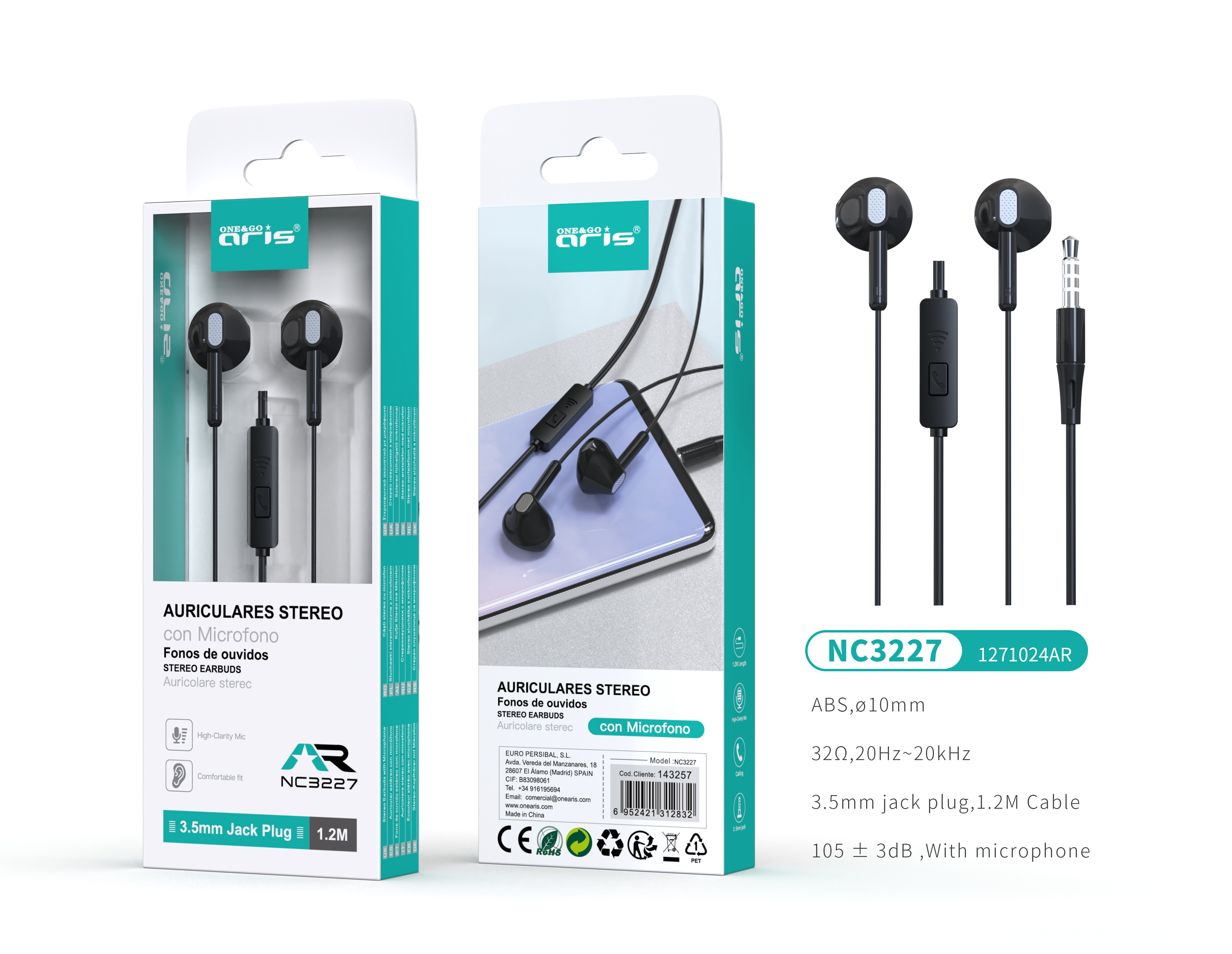 NC3227- NG , Auriculares Estereo con Microfono, Negro